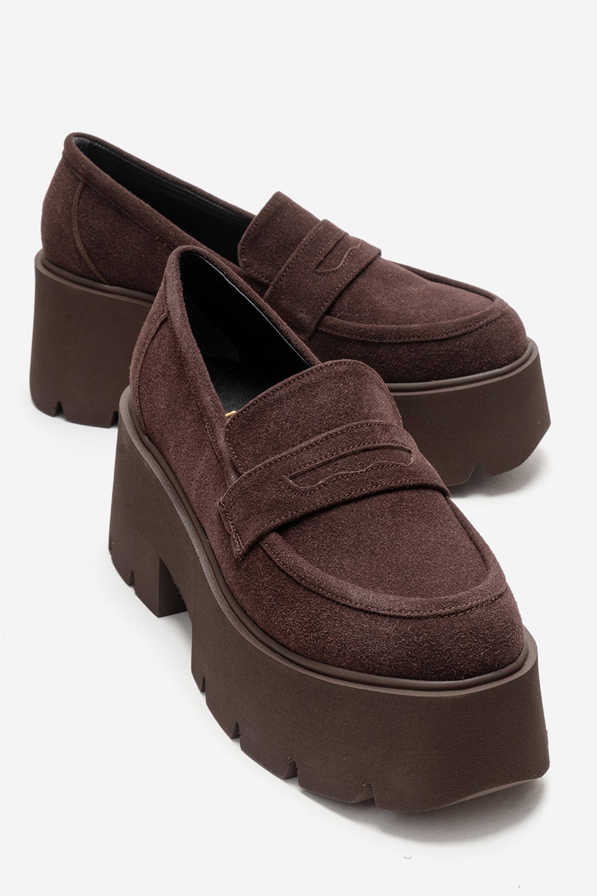 SANTIA - Brown Chunky Platform Loafer – front three-quarter view showing leather, red, Vowalisse