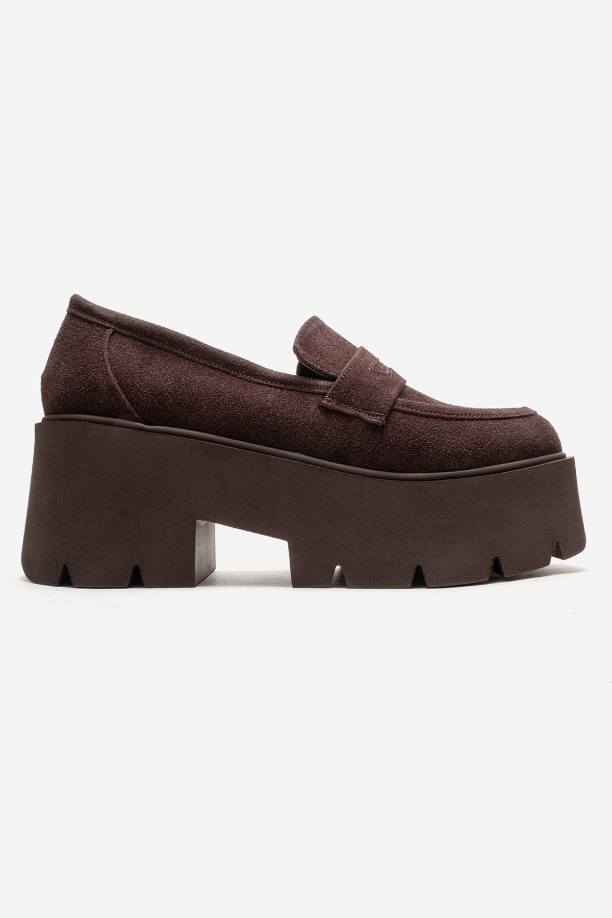 SANTIA - Brown Chunky Platform Loafer – heel view showing leather, red, Vowalisse
