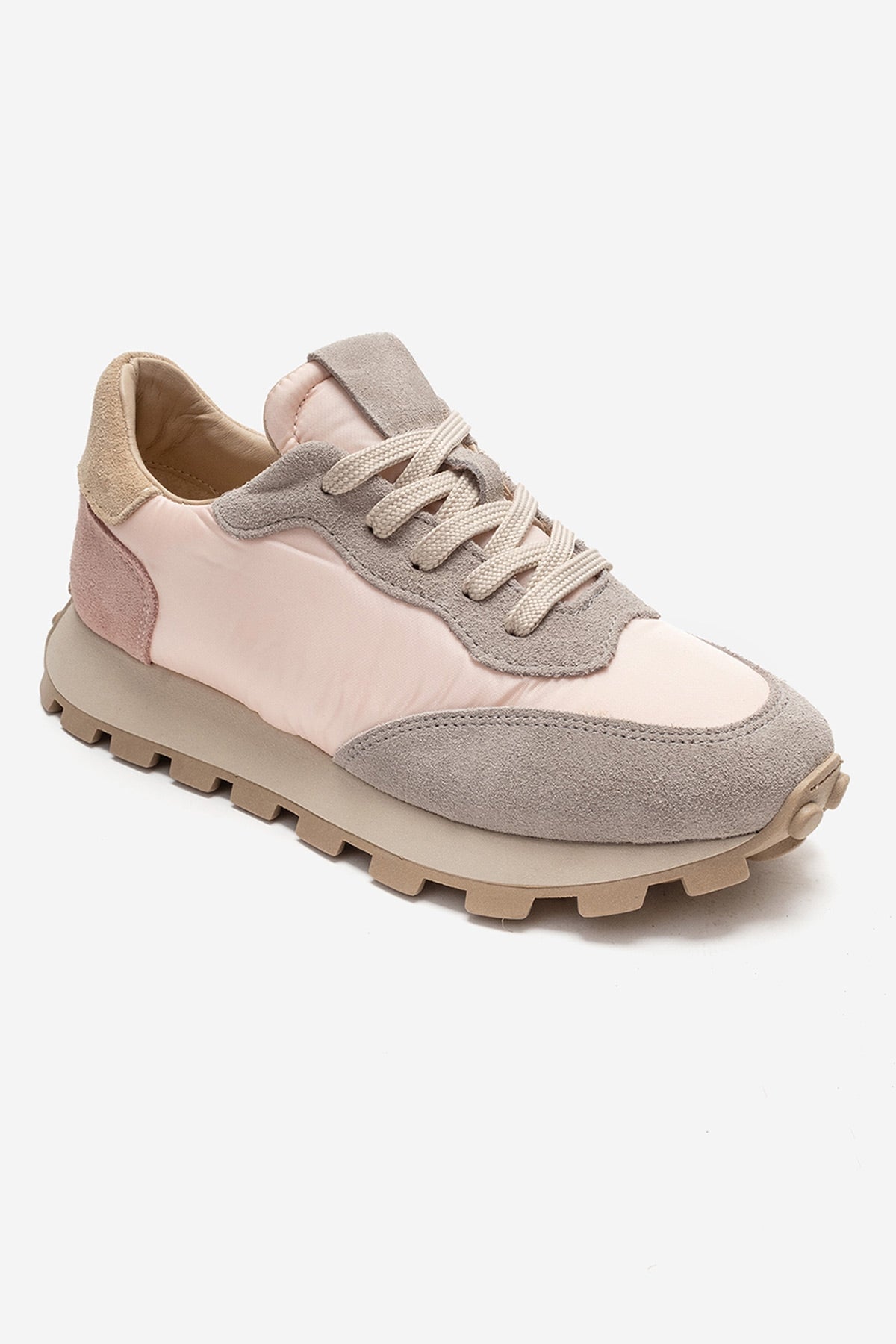 AMANDA - Gray Pink Genuine Leather Sneaker – detail view showing leather, pink, Vowalisse