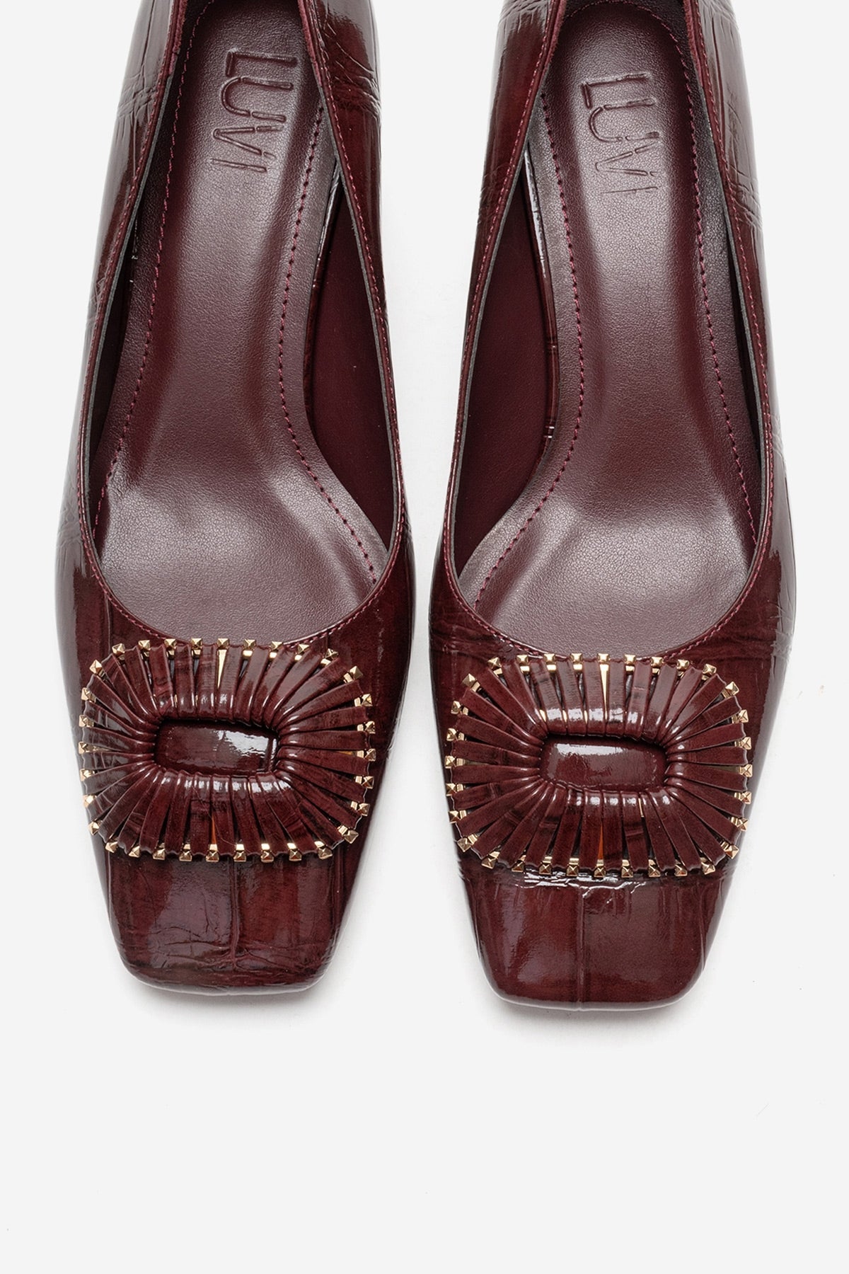 VELORA - Burgundy Buckled Block Heel Shoe – side view showing leather, Vowalisse