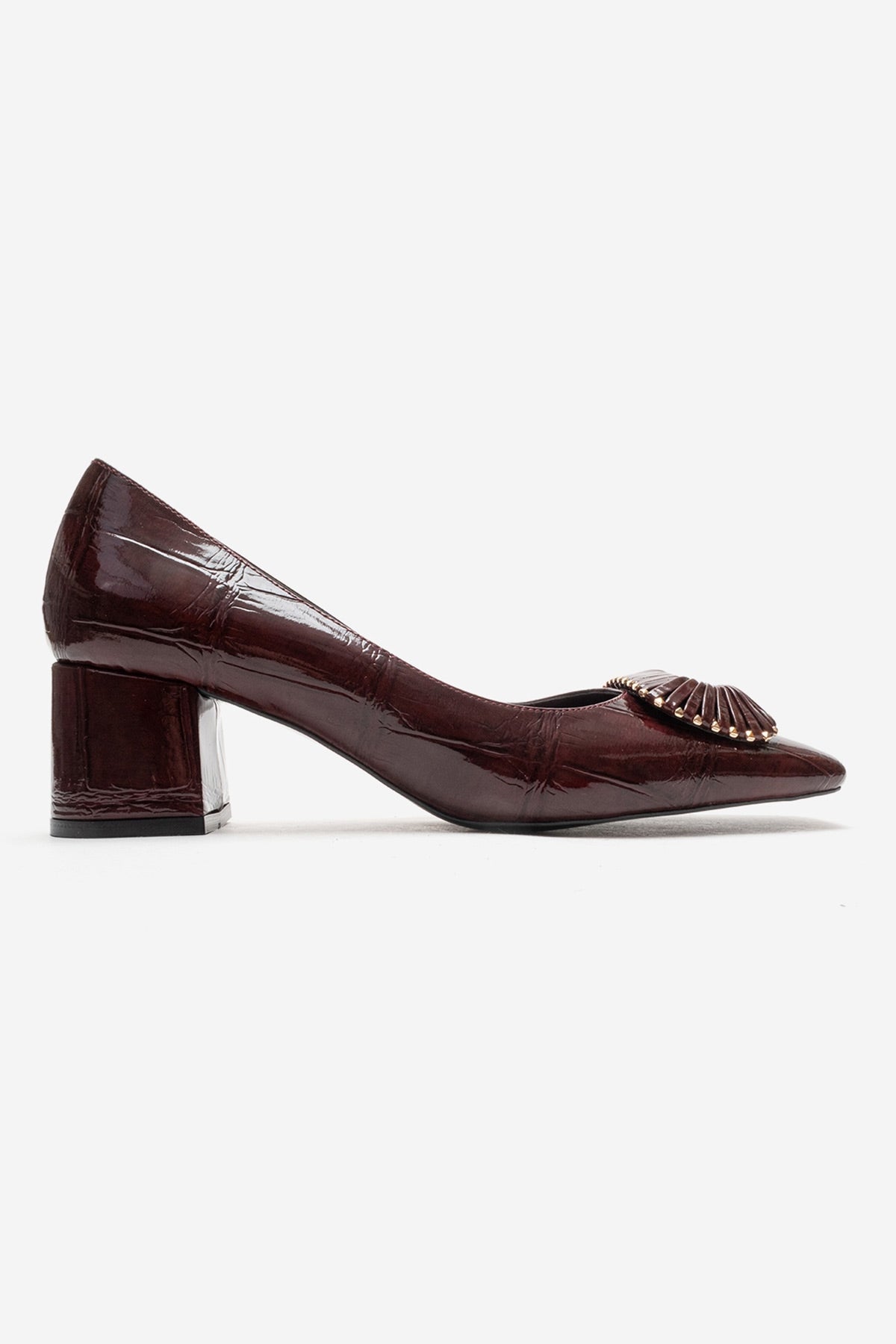 VELORA - Burgundy Buckled Block Heel Shoe – heel view showing leather, Vowalisse
