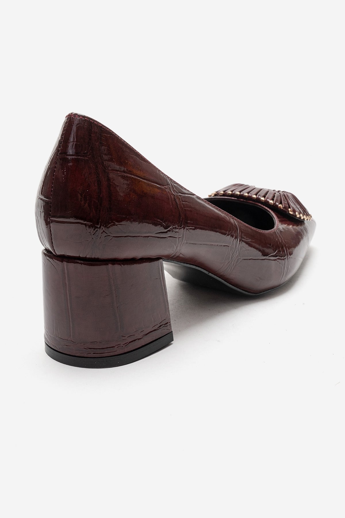 VELORA - Burgundy Buckled Block Heel Shoe – back view showing leather, Vowalisse
