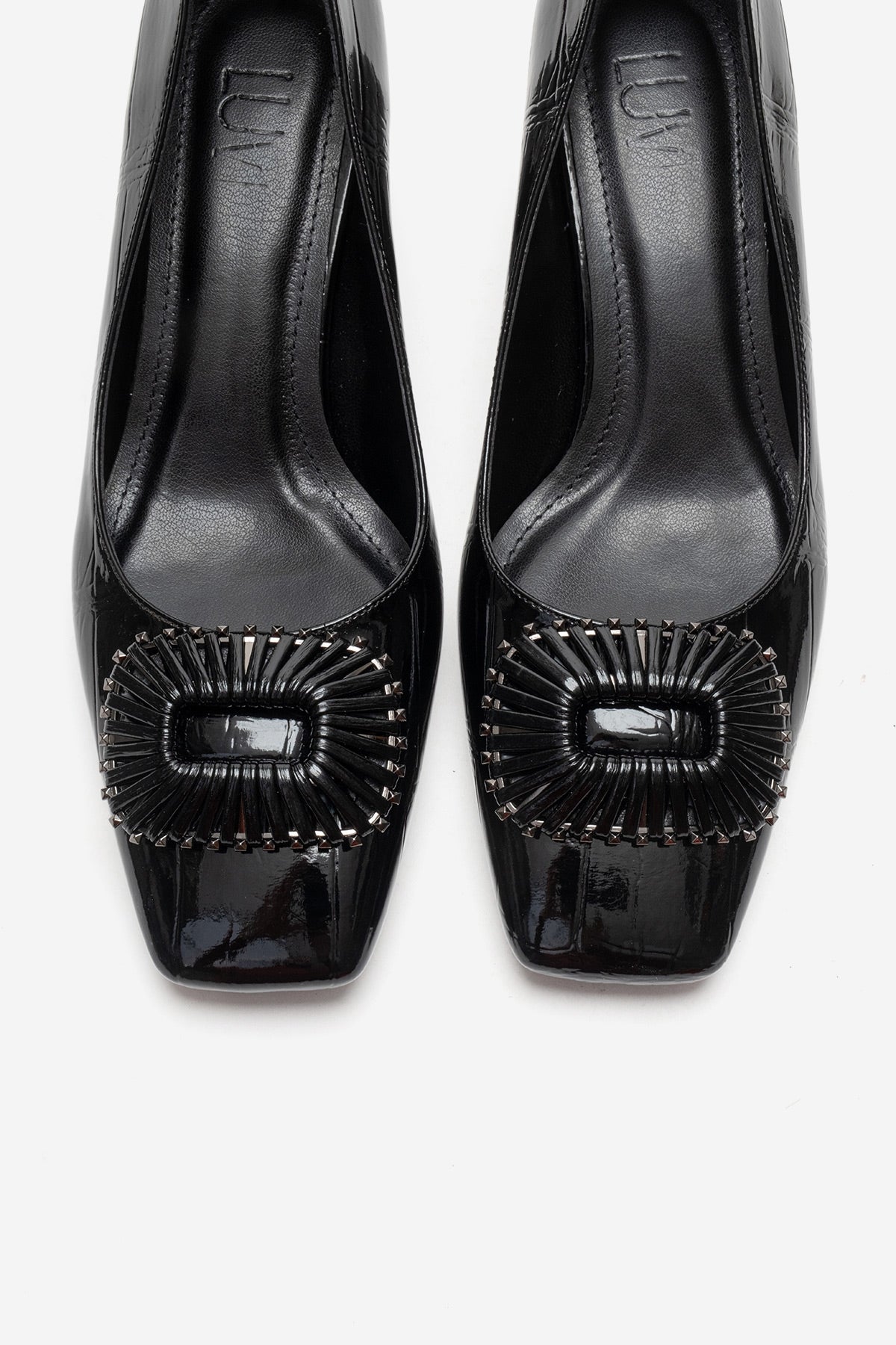 VELORA - Black Buckled Block Heel Shoe – side view showing leather, black, Vowalisse