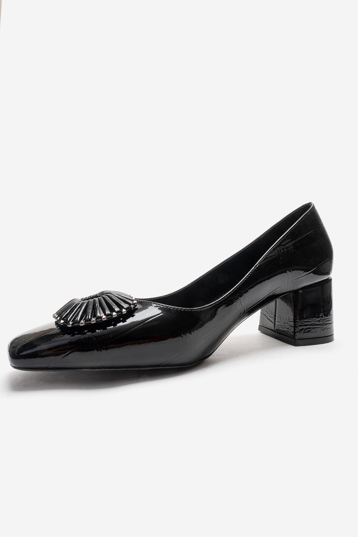 VELORA - Black Buckled Block Heel Shoe – top view showing leather, black, Vowalisse