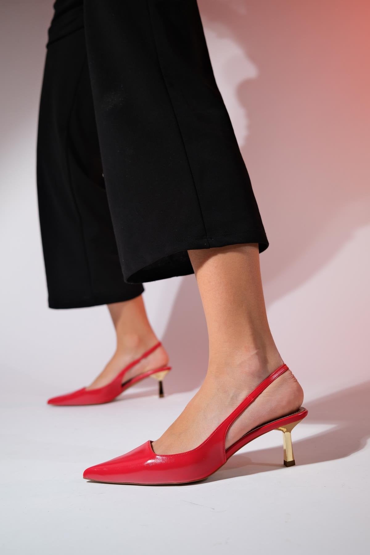 Marten - Red Pointed Toe Slingback Stiletto – front three-quarter view showing leather, red, Vowalisse