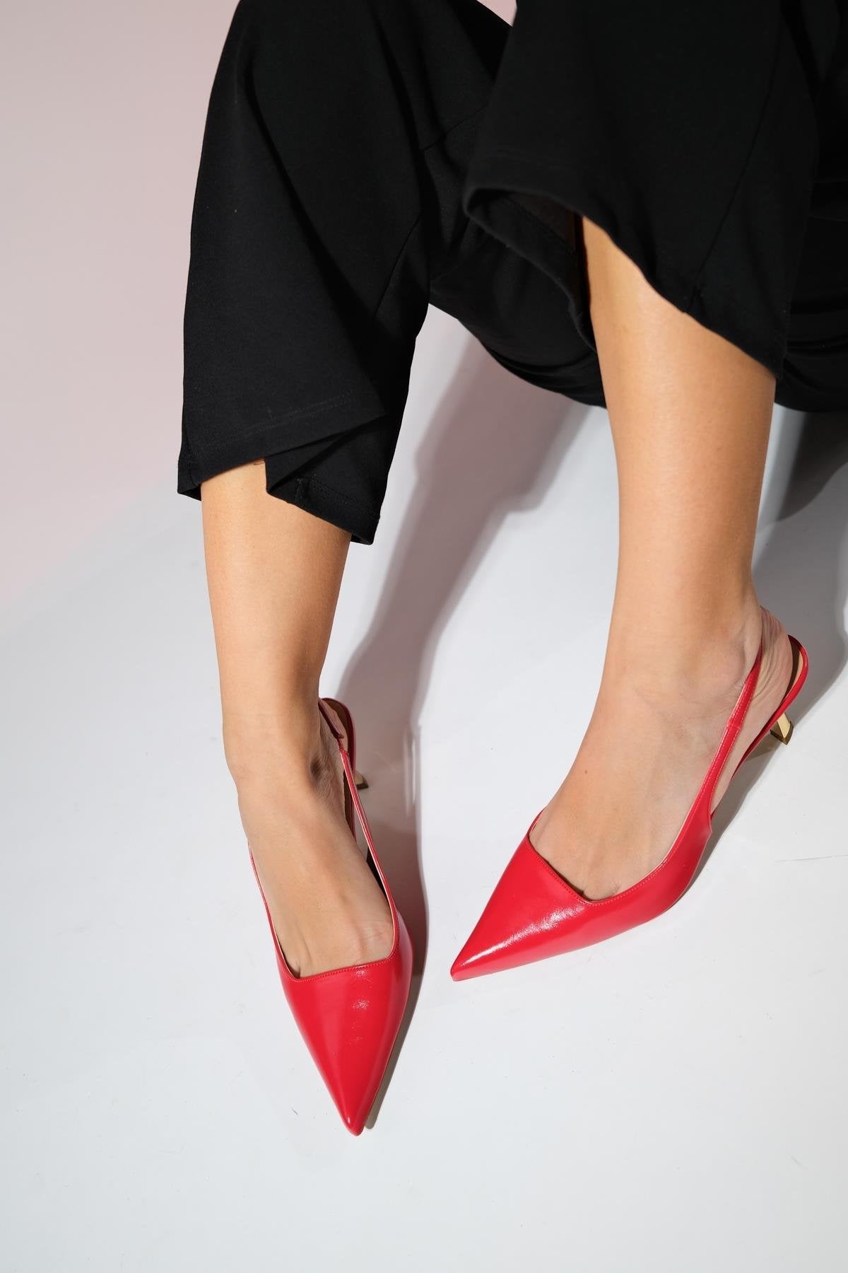 Marten - Red Pointed Toe Slingback Stiletto – heel view showing leather, red, Vowalisse