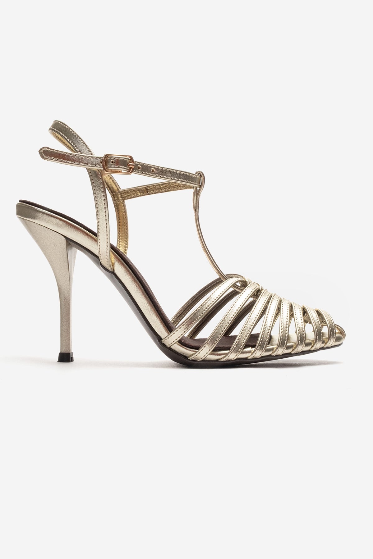 PASION - Gold Stiletto Pump – heel view showing leather, metallic, gold, Vowalisse