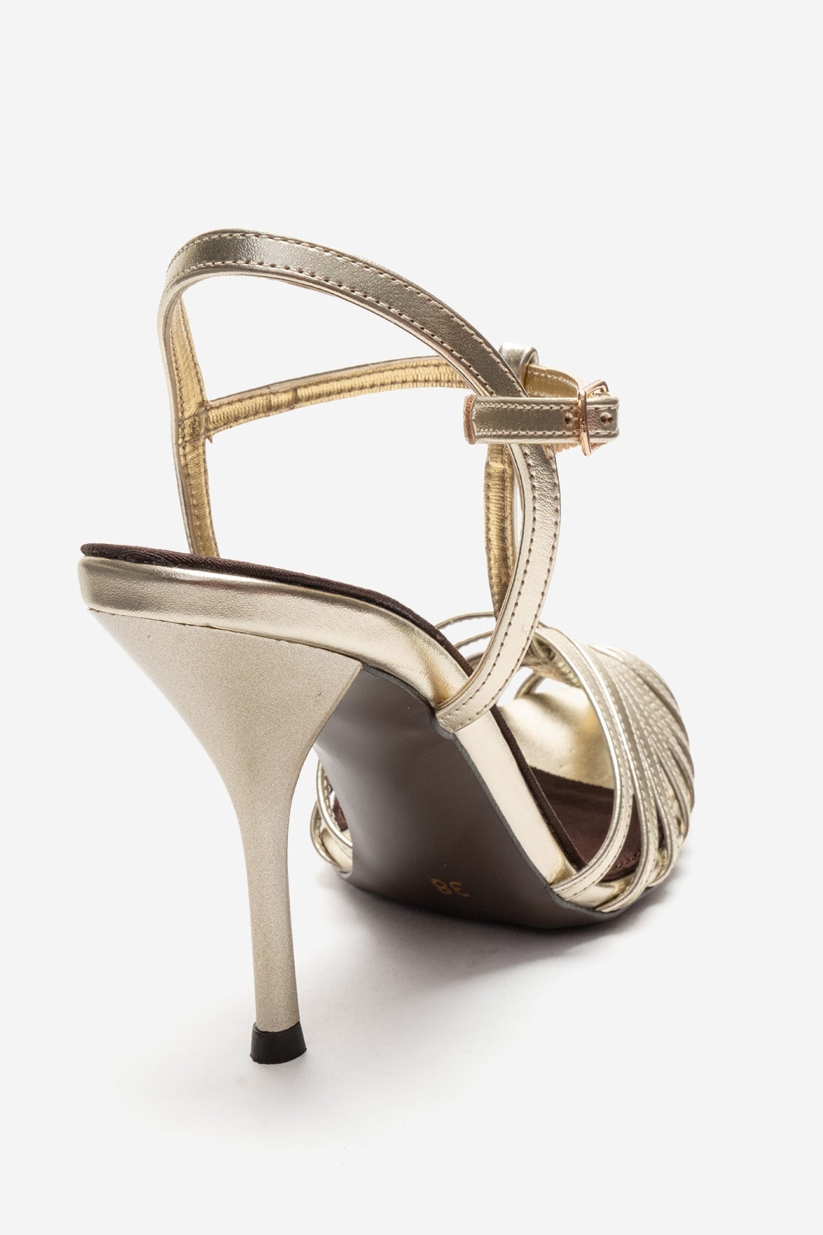 PASION - Gold Stiletto Pump – back view showing leather, metallic, gold, Vowalisse
