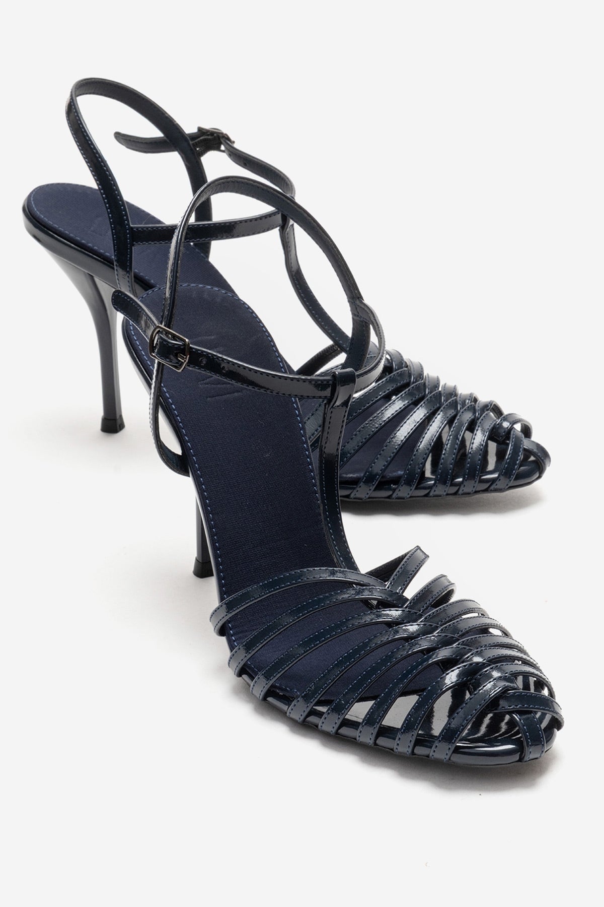 PASION - Navy Stiletto Pump – front three-quarter view showing leather, Vowalisse