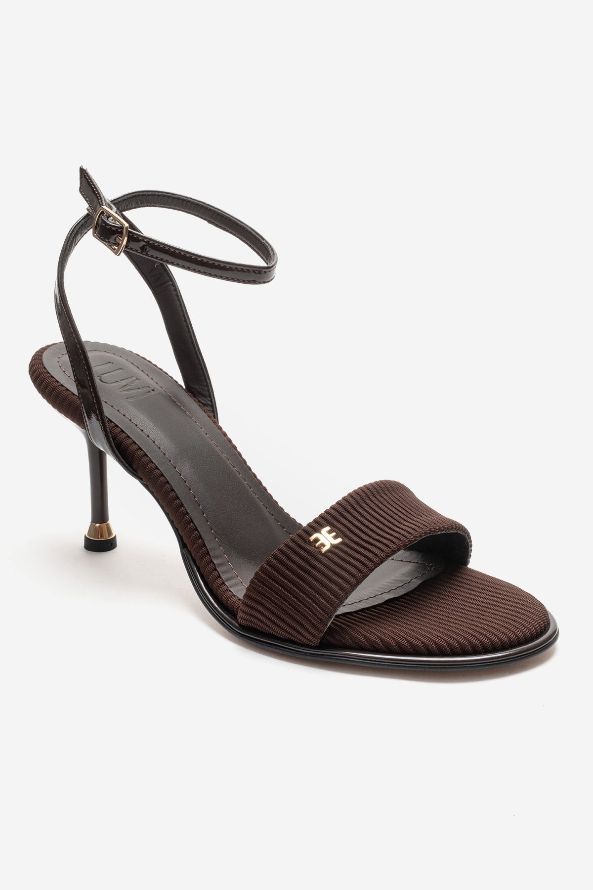 Arlette - Brown Stiletto Pump – detail view showing leather, red, Vowalisse