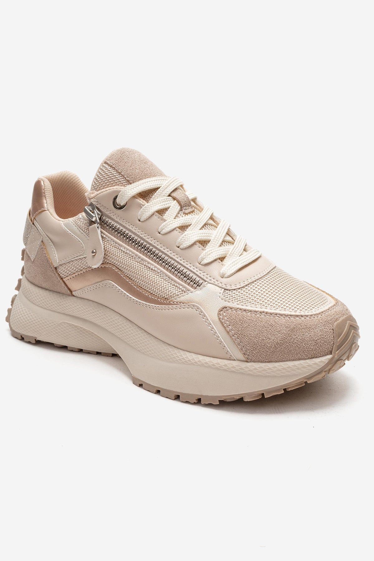 ROCCA - Beige Zip-Detail Genuine Leather Sneaker – detail view showing leather, Vowalisse