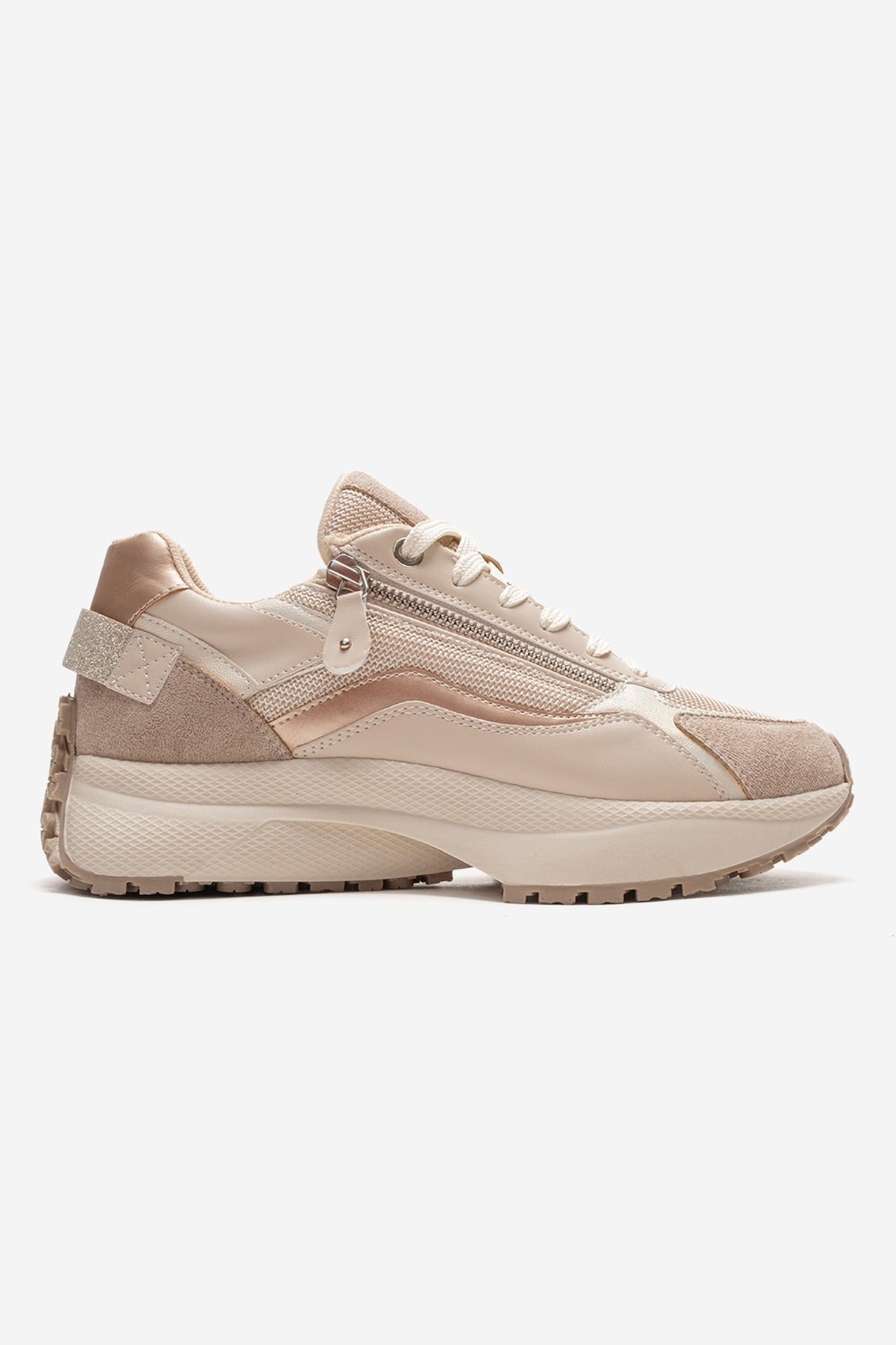 ROCCA - Beige Zip-Detail Genuine Leather Sneaker – heel view showing leather, Vowalisse