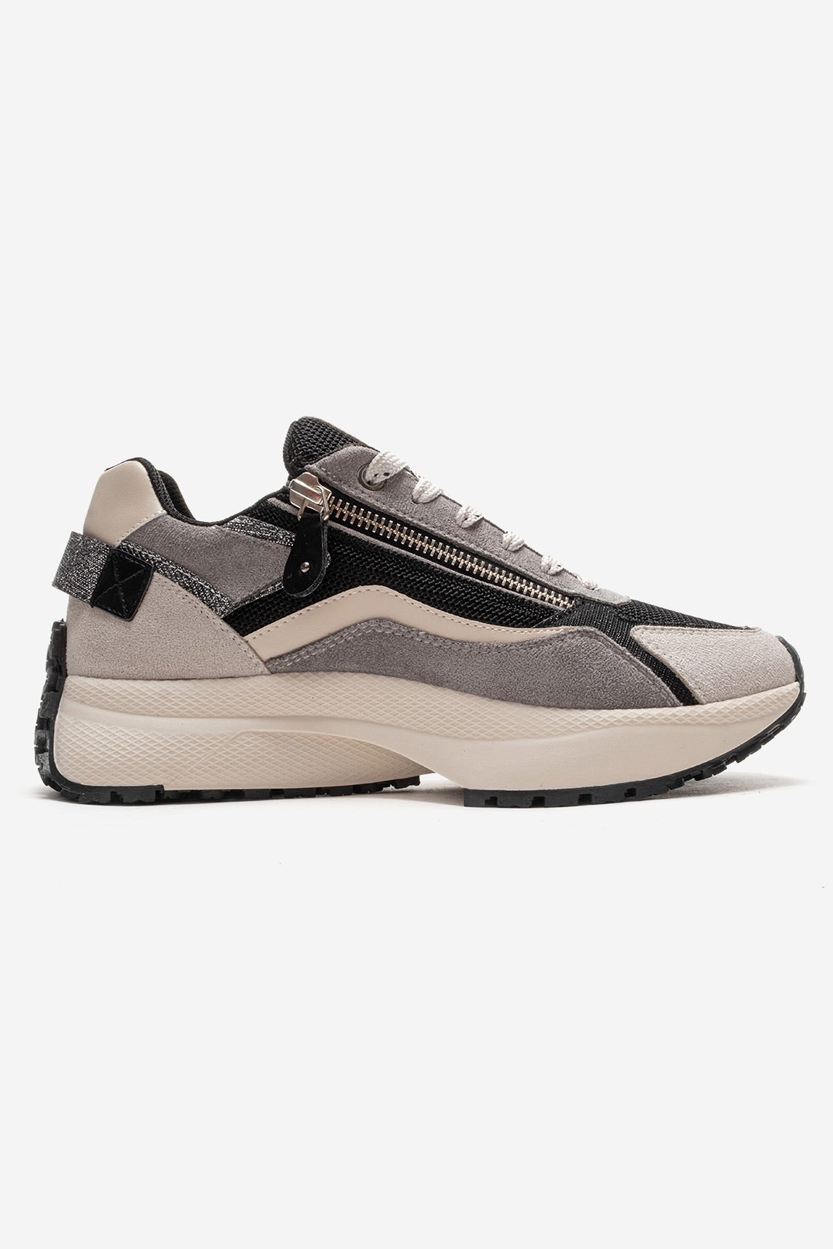 ROCCA - Black Zip-Detail Genuine Leather Sneaker – heel view showing lace, leather, black, Vowalisse