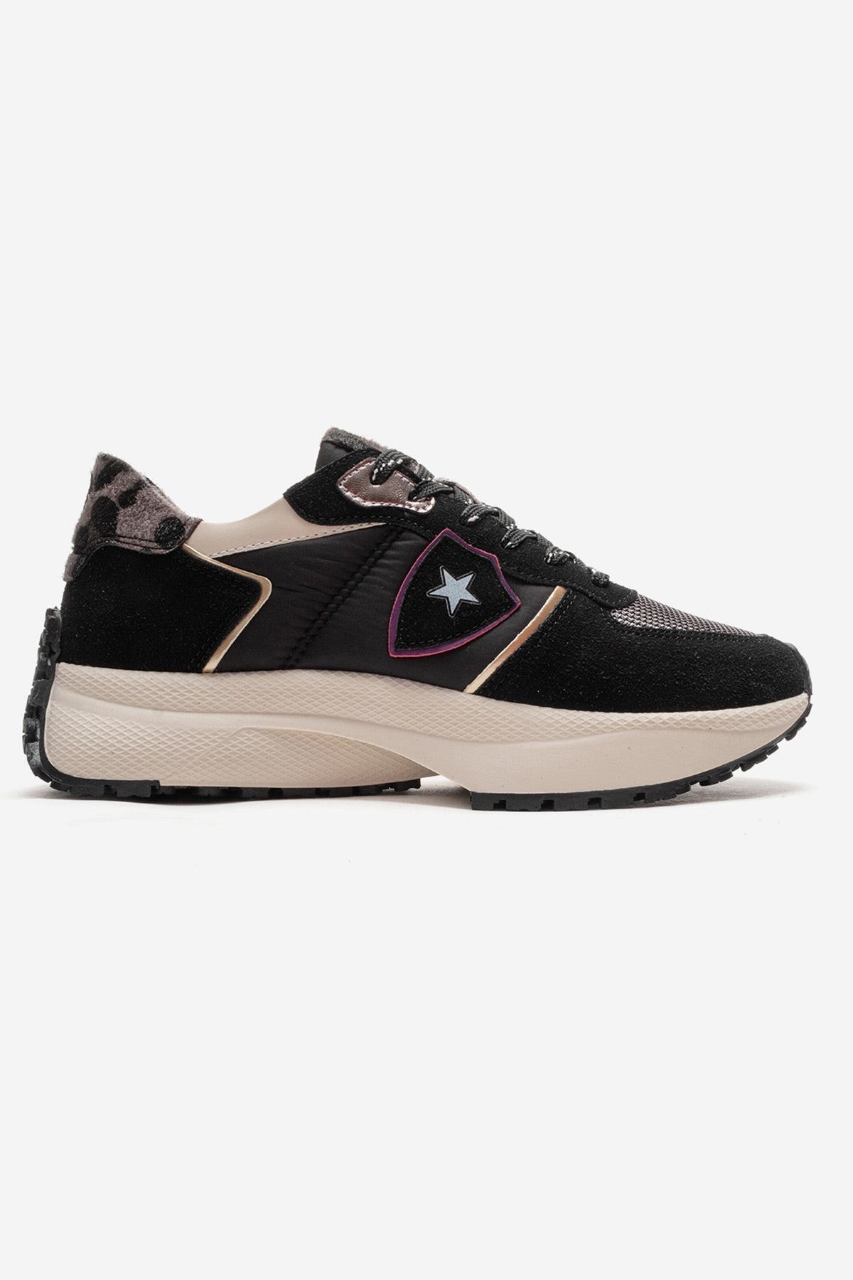 Biella - Black Sneaker – heel view showing leather, black, Vowalisse