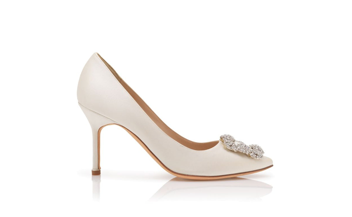 Leonora Shine White Jewel Buckle Pumps – side profile showing white jewel buckle, crystal buckle, almond toe, satin…