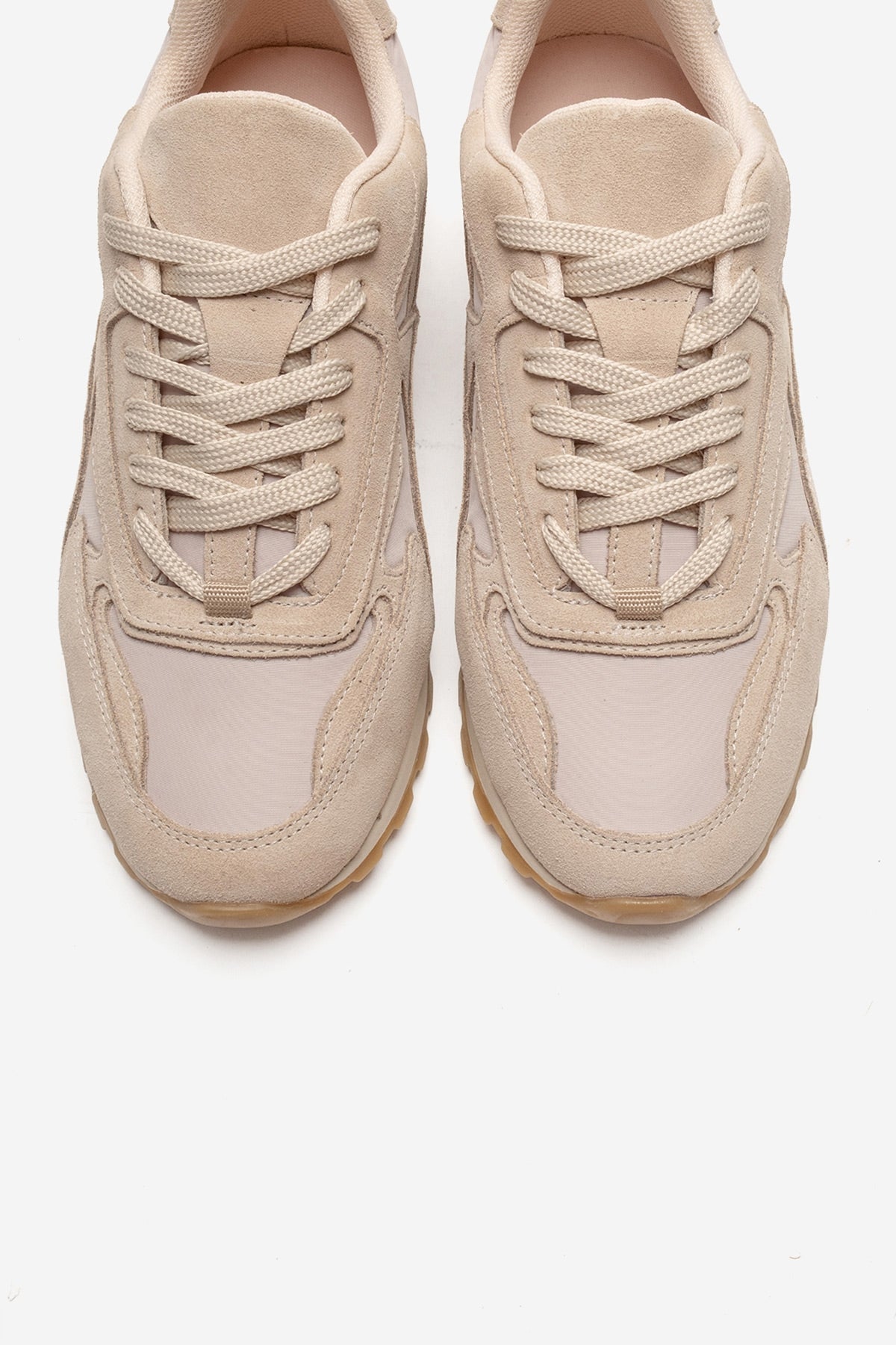Sahra - Beige Genuine Leather Sneaker – side view showing leather, suede, Vowalisse