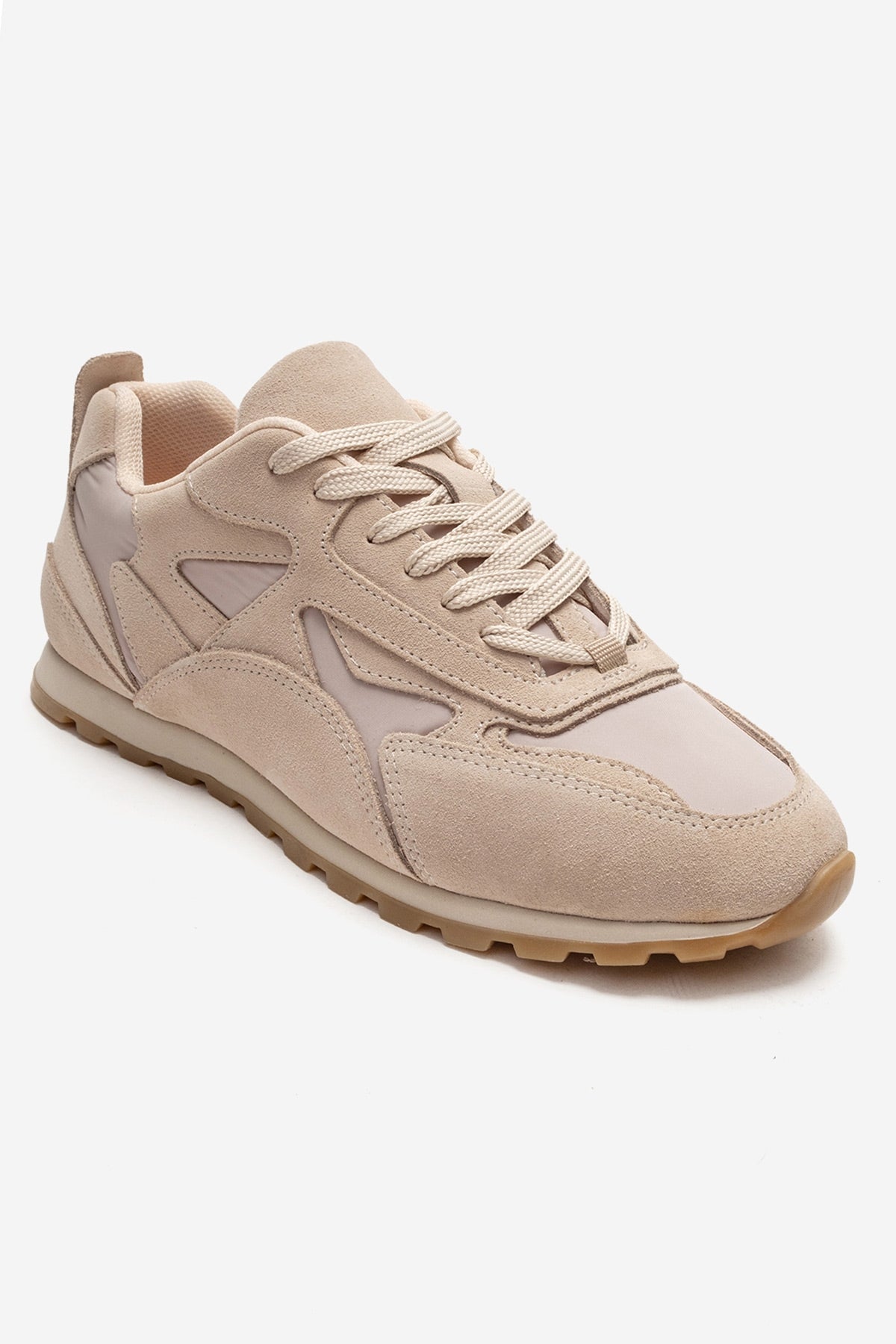 Sahra - Beige Genuine Leather Sneaker – detail view showing leather, suede, Vowalisse
