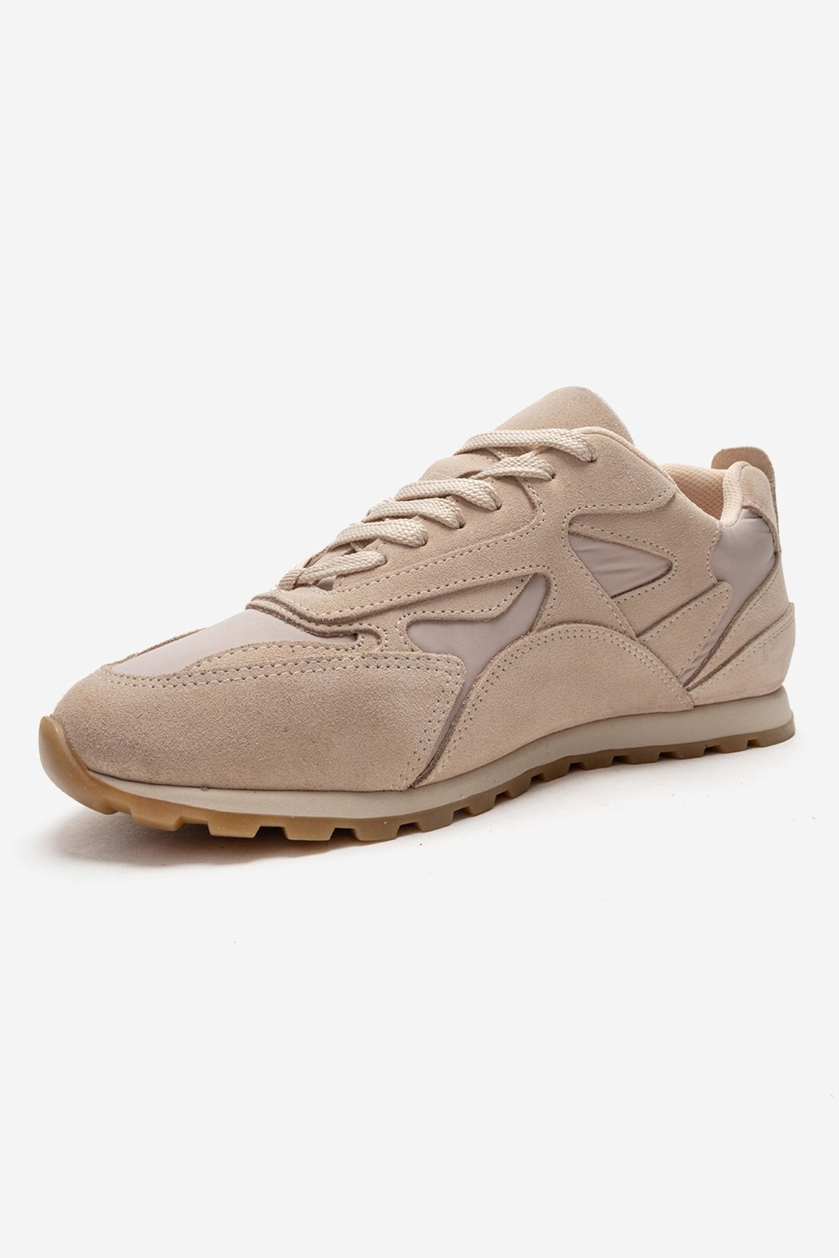 Sahra - Beige Genuine Leather Sneaker – top view showing leather, suede, Vowalisse