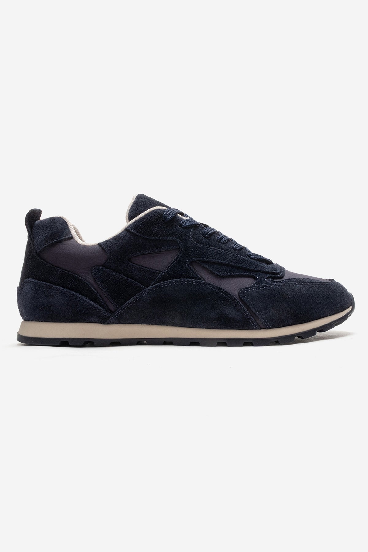 Sahra - Navy Genuine Leather Sneaker – heel view showing leather, suede, Vowalisse