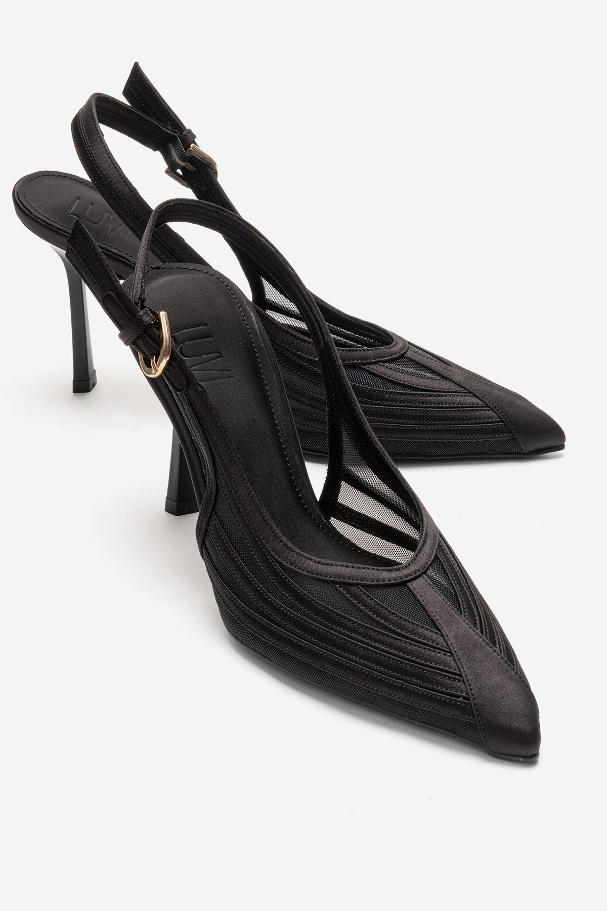 FAUNA - Black Satin Stiletto Pump – front three-quarter view showing satin, black, red, Vowalisse