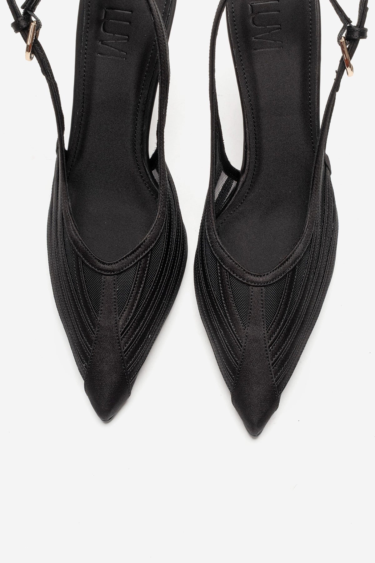 FAUNA - Black Satin Stiletto Pump – side view showing satin, black, red, Vowalisse