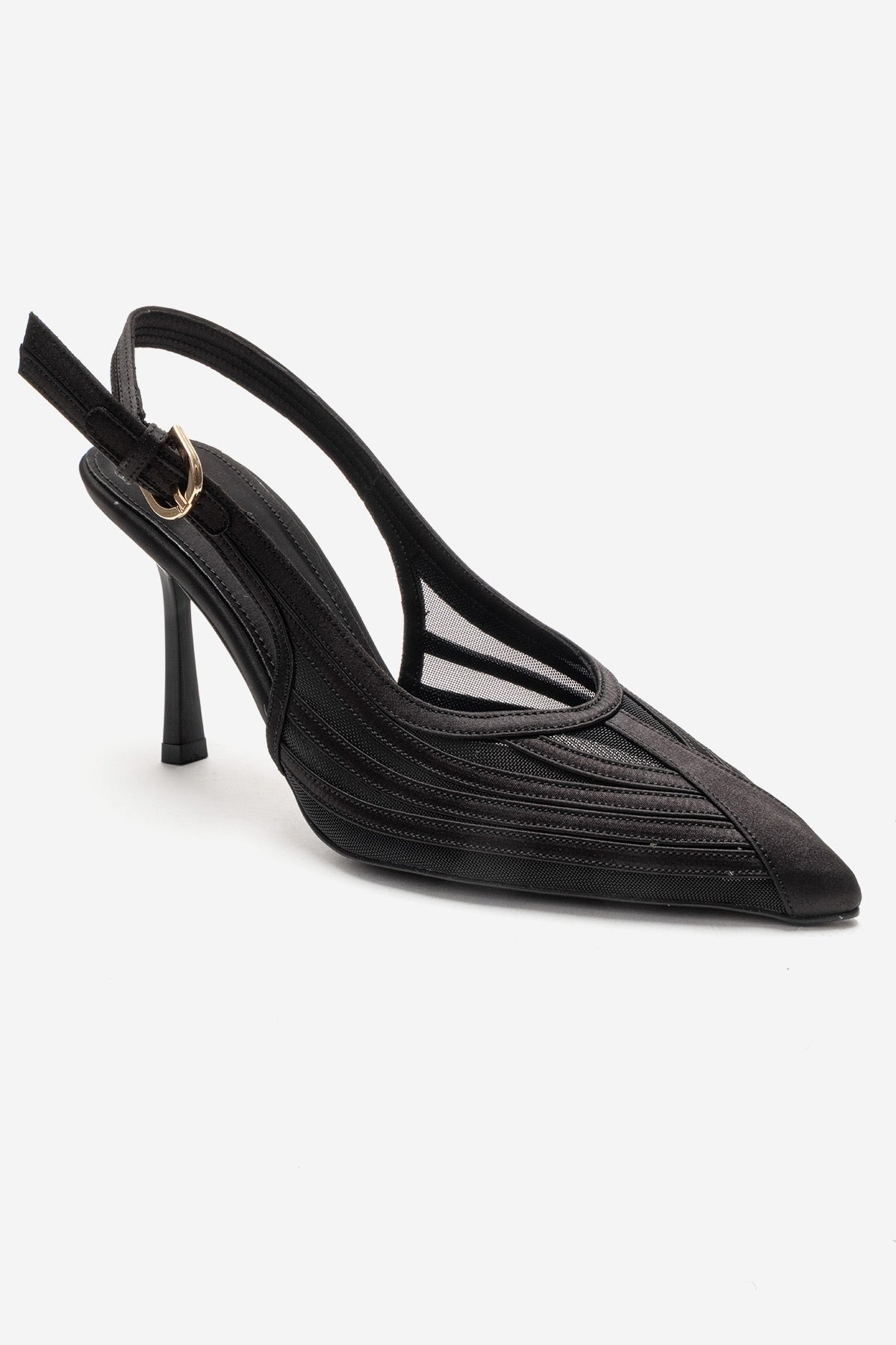 FAUNA - Black Satin Stiletto Pump – detail view showing satin, black, red, Vowalisse