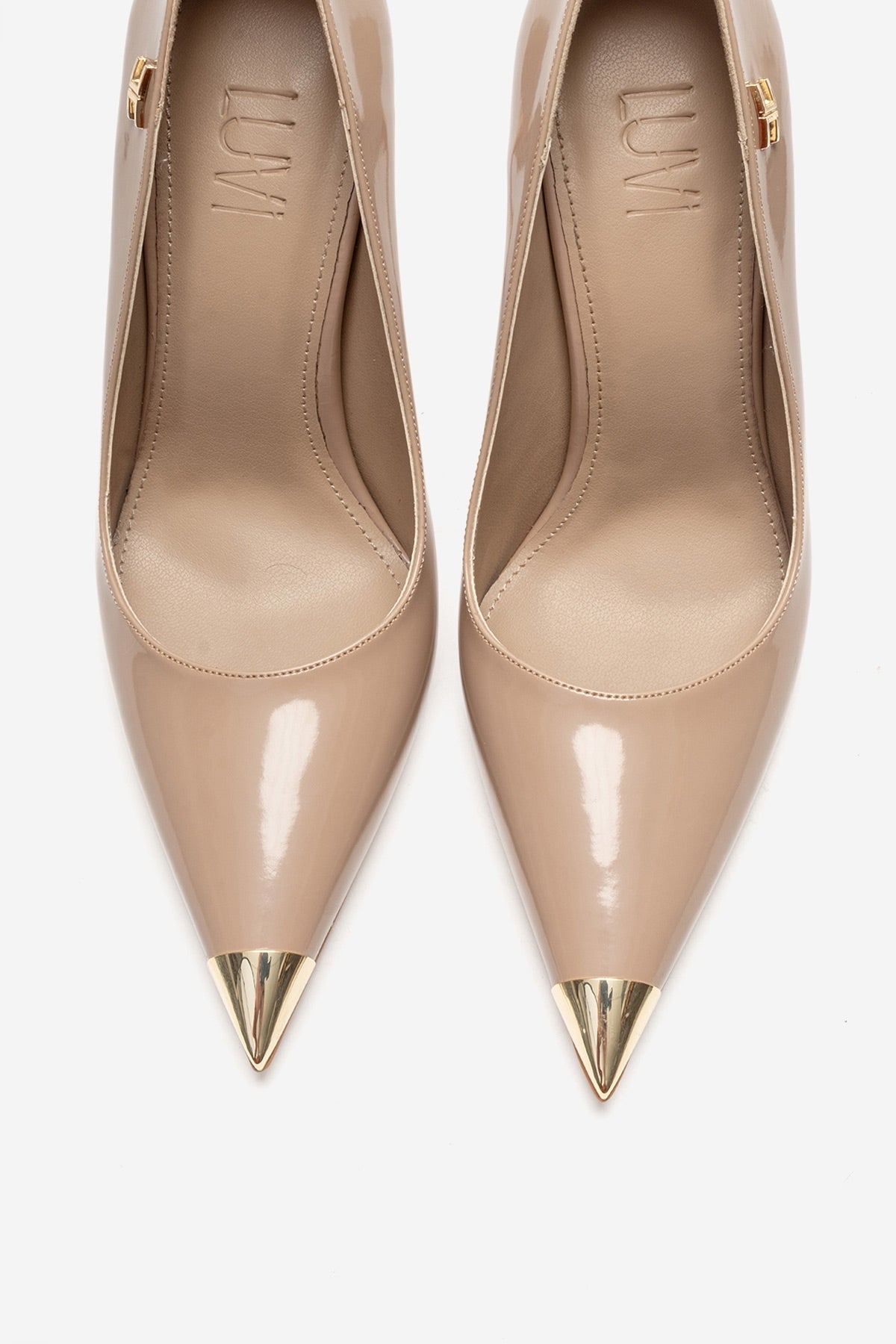 CARLAS - Beige Patent Stiletto Pump – side view showing leather, Vowalisse