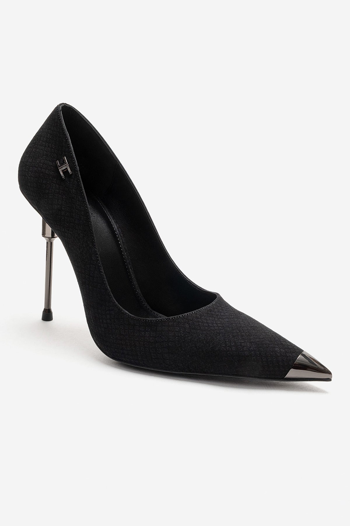 CARLAS - Black Patterned Stiletto Pump – detail view showing leather, black, Vowalisse