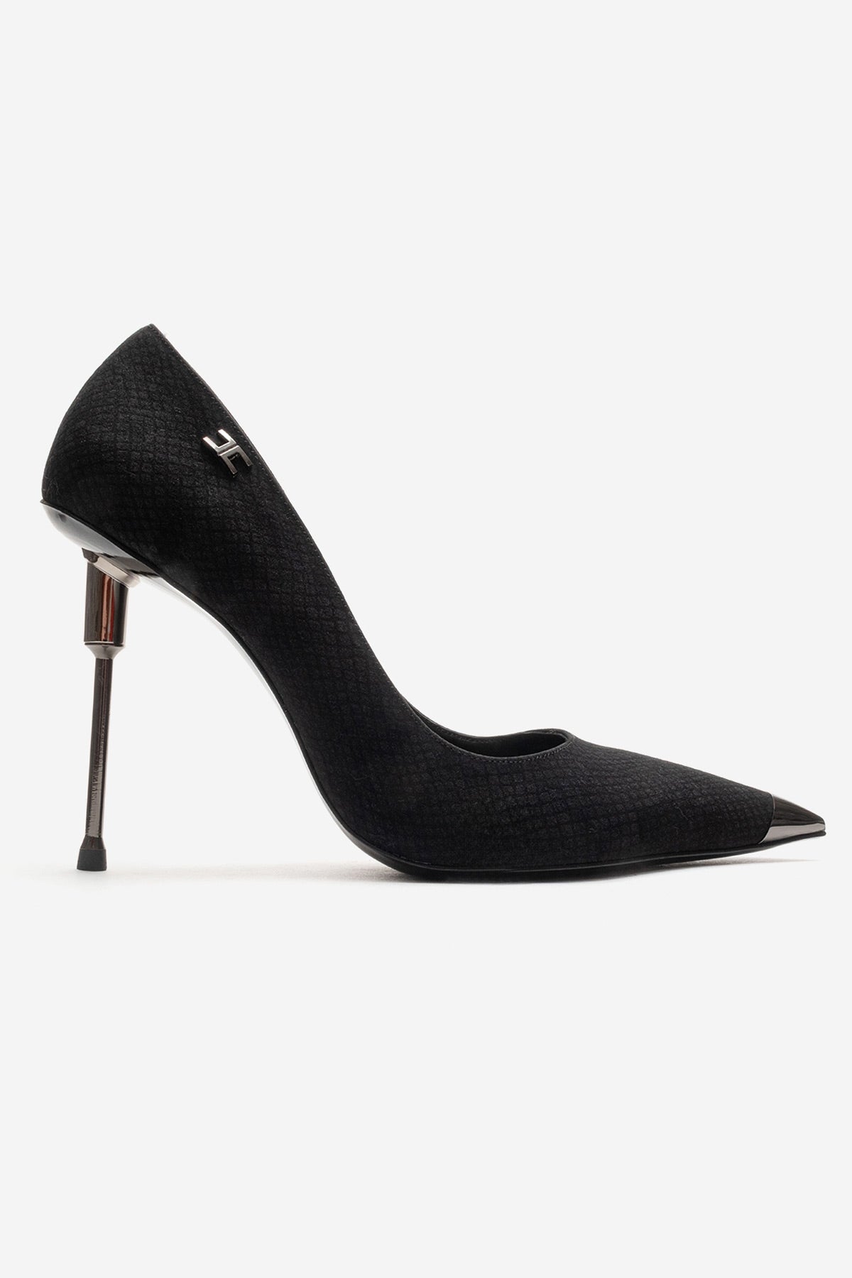 CARLAS - Black Patterned Stiletto Pump – heel view showing leather, black, Vowalisse