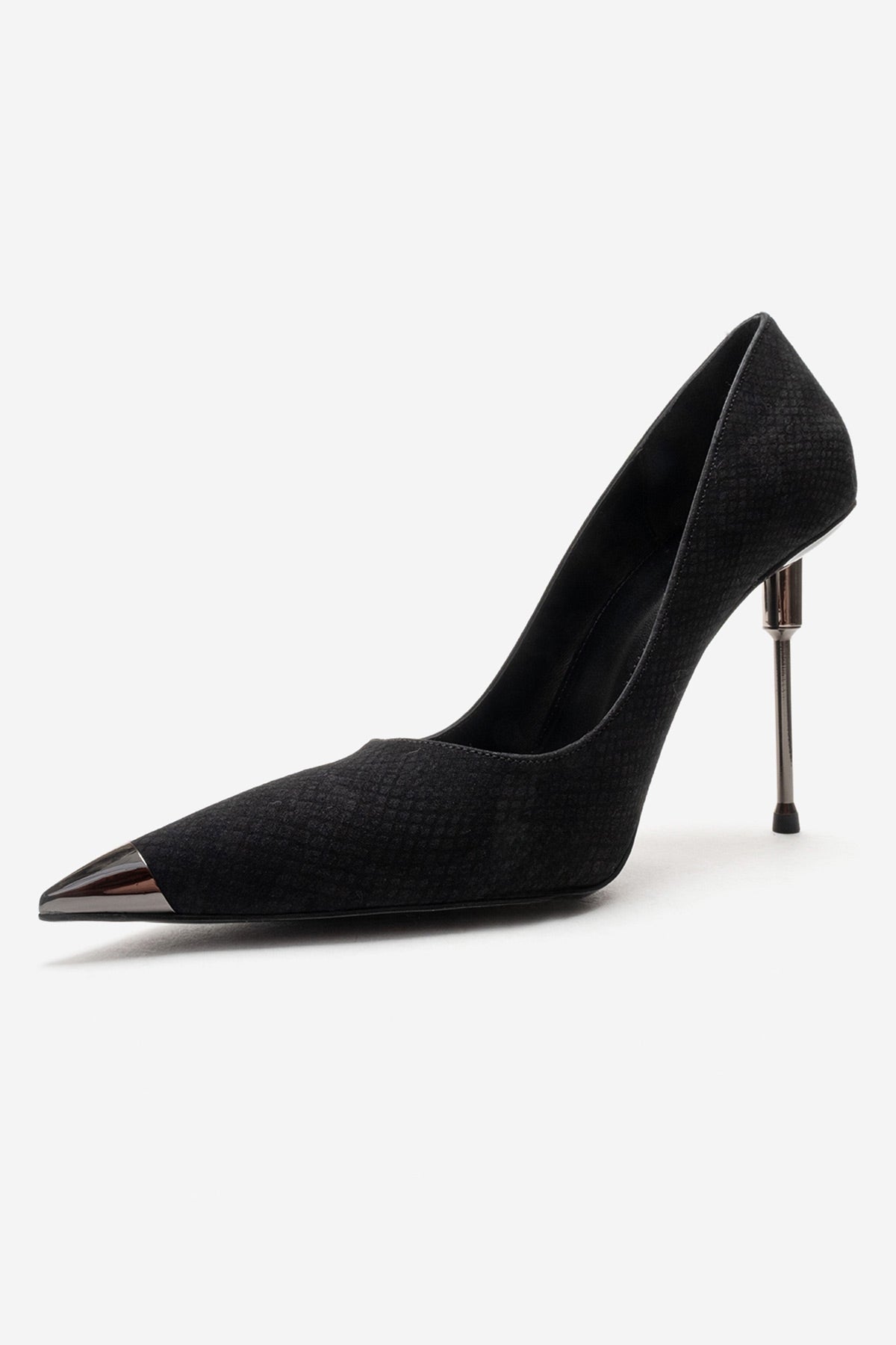 CARLAS - Black Patterned Stiletto Pump – top view showing leather, black, Vowalisse