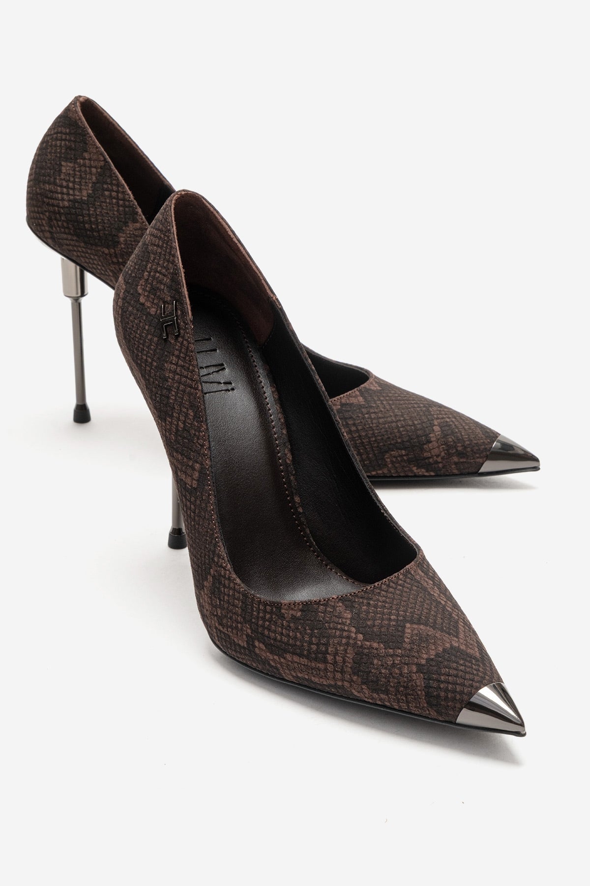 CARLAS - Brown Patterned Stiletto Pump – front three-quarter view showing leather, red, Vowalisse