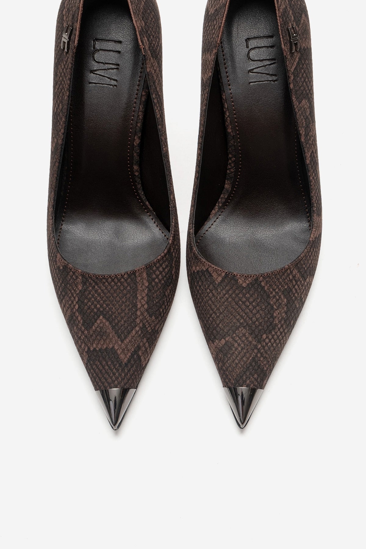 CARLAS - Brown Patterned Stiletto Pump – side view showing leather, red, Vowalisse