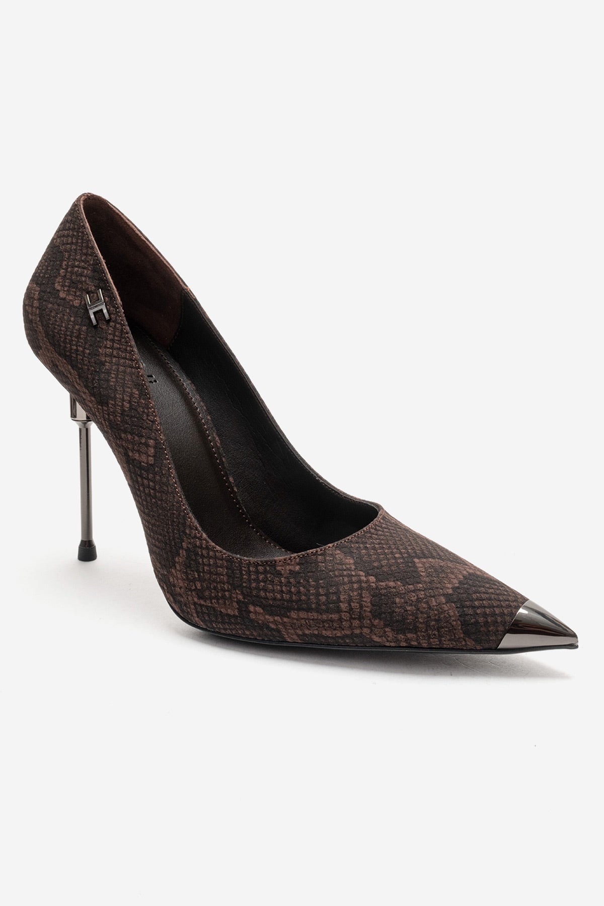 CARLAS - Brown Patterned Stiletto Pump – detail view showing leather, red, Vowalisse