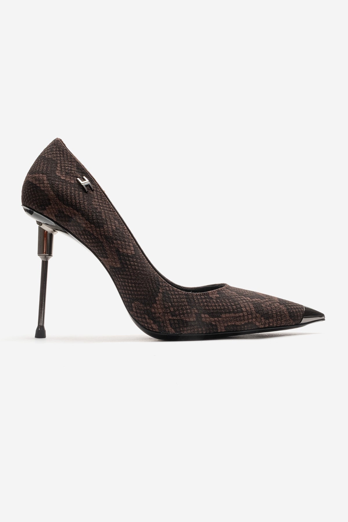 CARLAS - Brown Patterned Stiletto Pump – heel view showing leather, red, Vowalisse