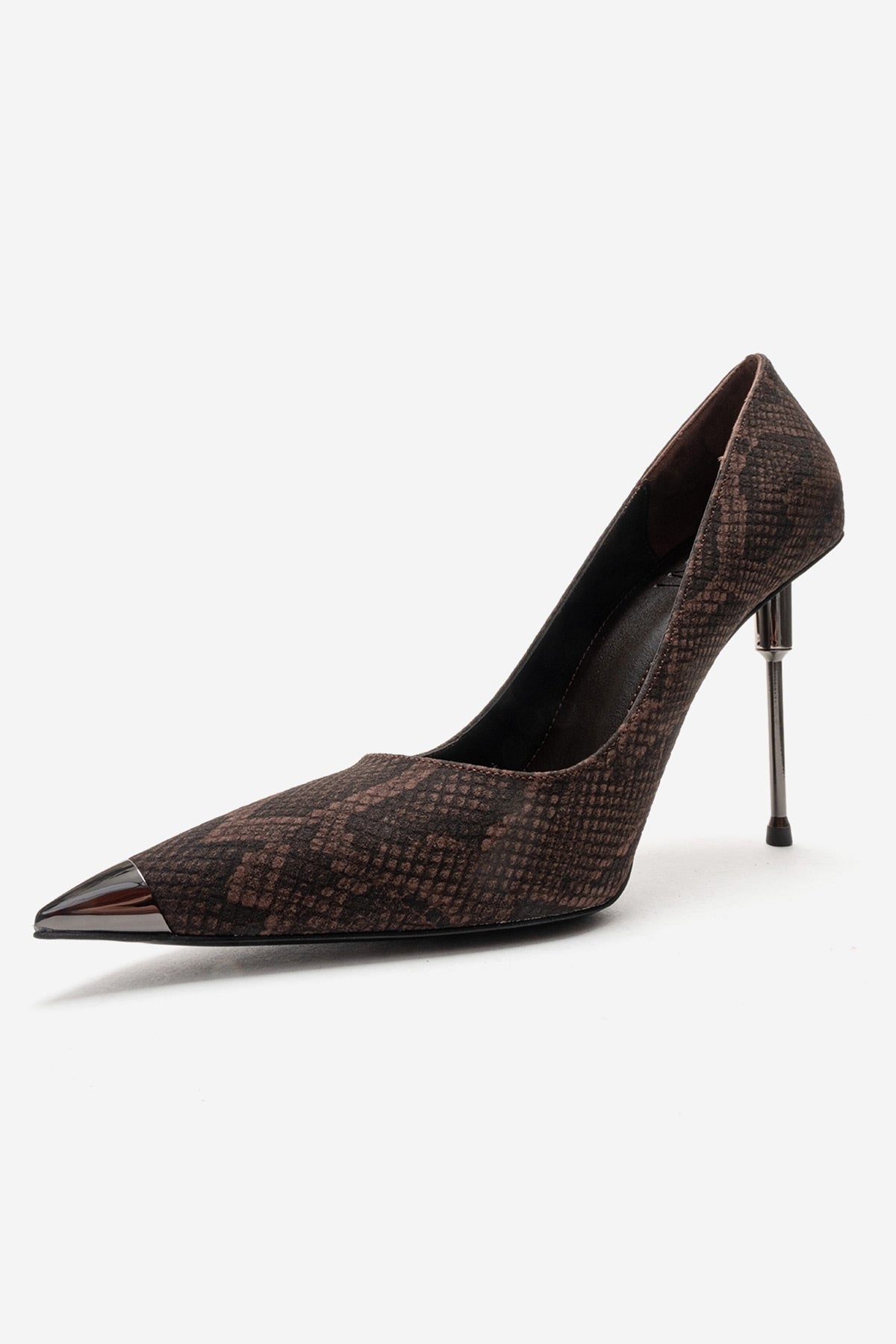 CARLAS - Brown Patterned Stiletto Pump – top view showing leather, red, Vowalisse