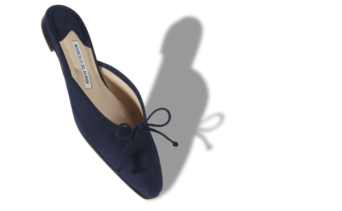 Violetta Dawn Blue Almond Toe Mules – front three-quarter view showing blue almond toe, suede, lace, Vowalisse