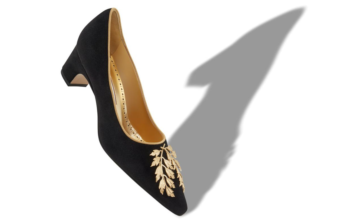 Leonora Lace Black Almond Toe Pumps – front three-quarter view showing black almond toe, velvet, Vowalisse