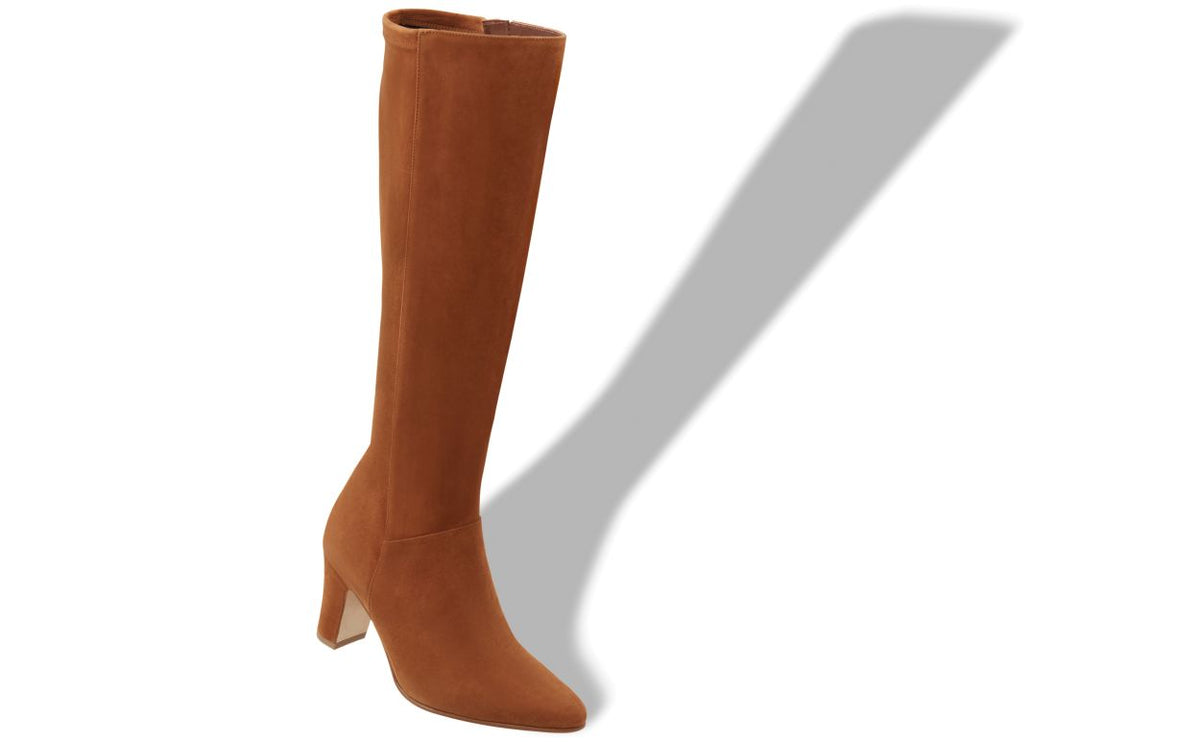 Evangeline Halo Brown Pointed Toe Knee-High Boots – front three-quarter view showing brown pointed toe, suede, Vowalisse