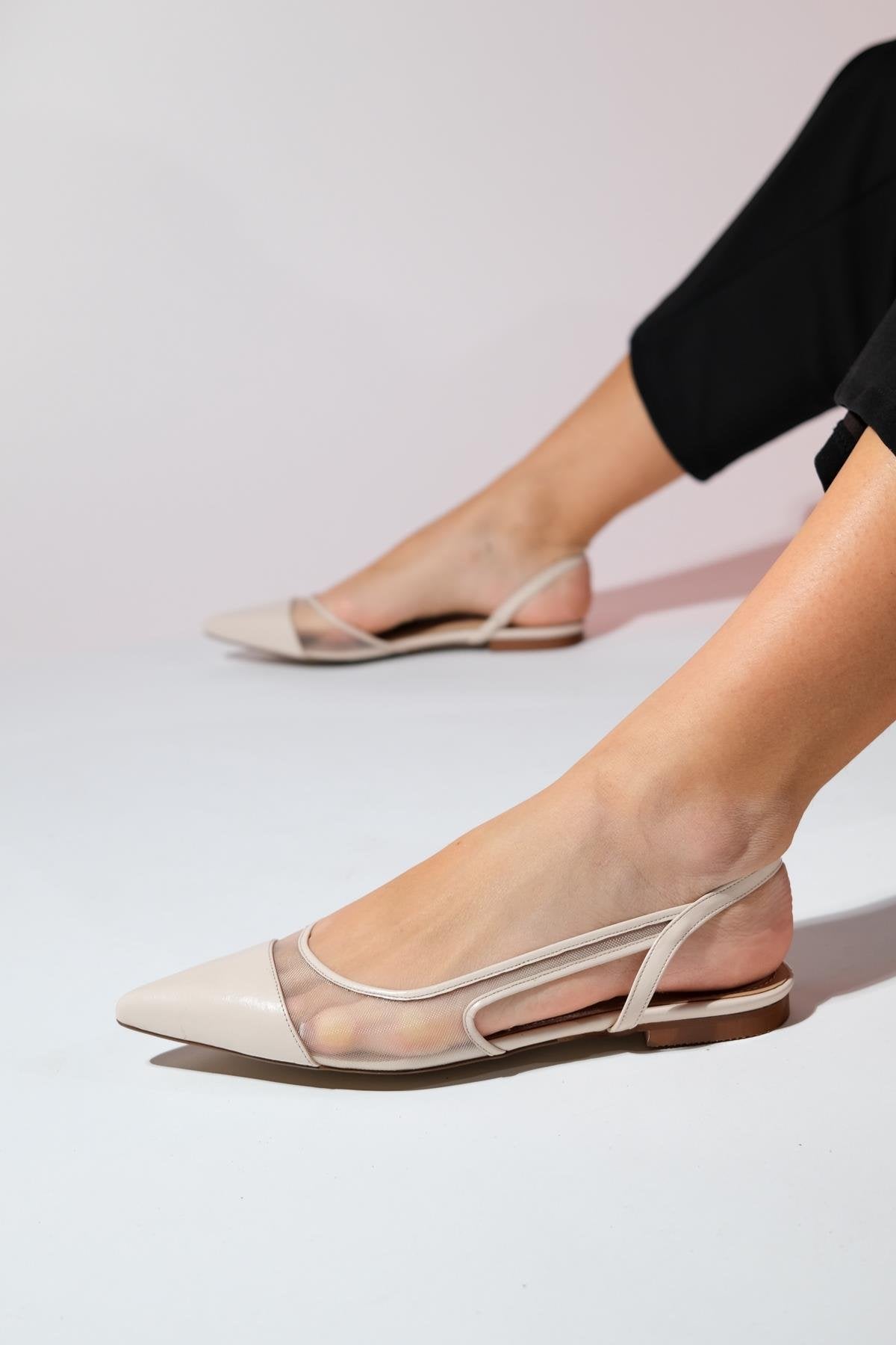 Stephen - Beige Pointed Toe Flat Sandal – front three-quarter view showing leather, Vowalisse