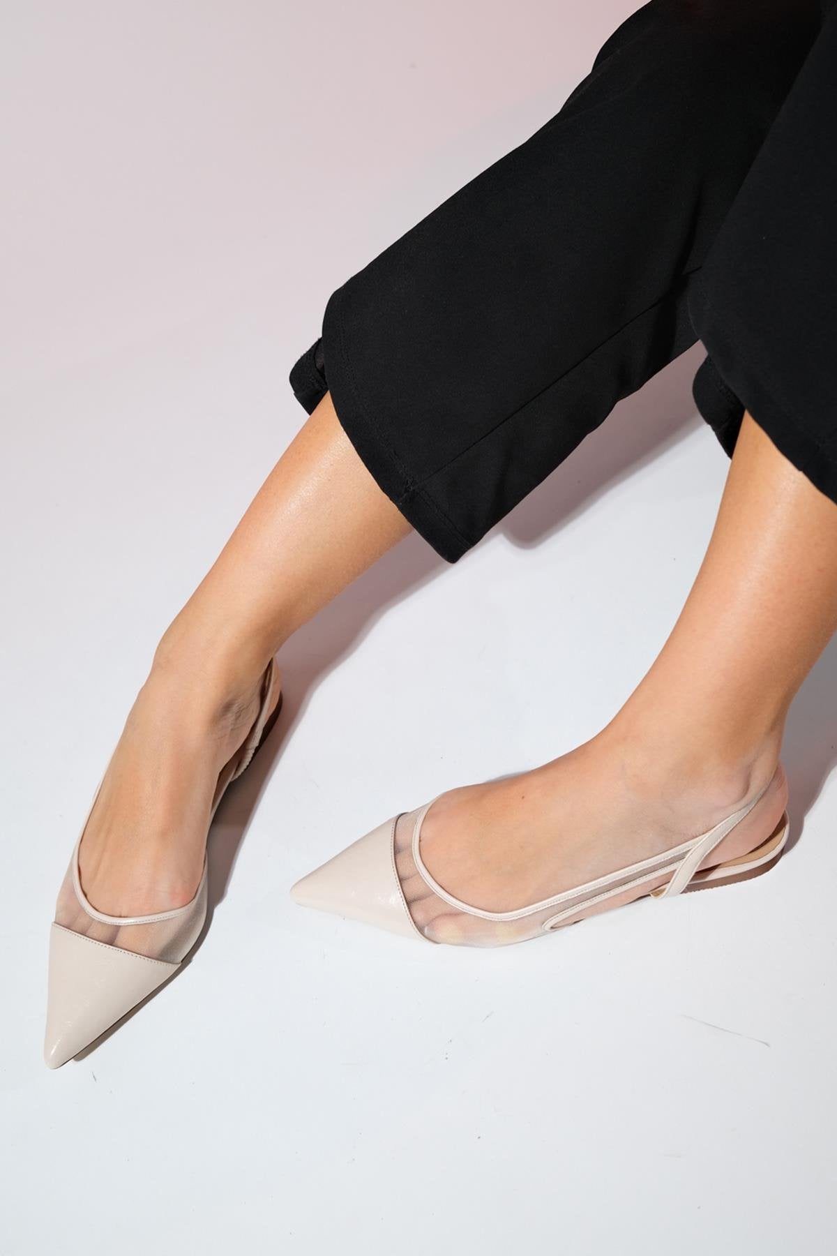 Stephen - Beige Pointed Toe Flat Sandal – detail view showing leather, Vowalisse