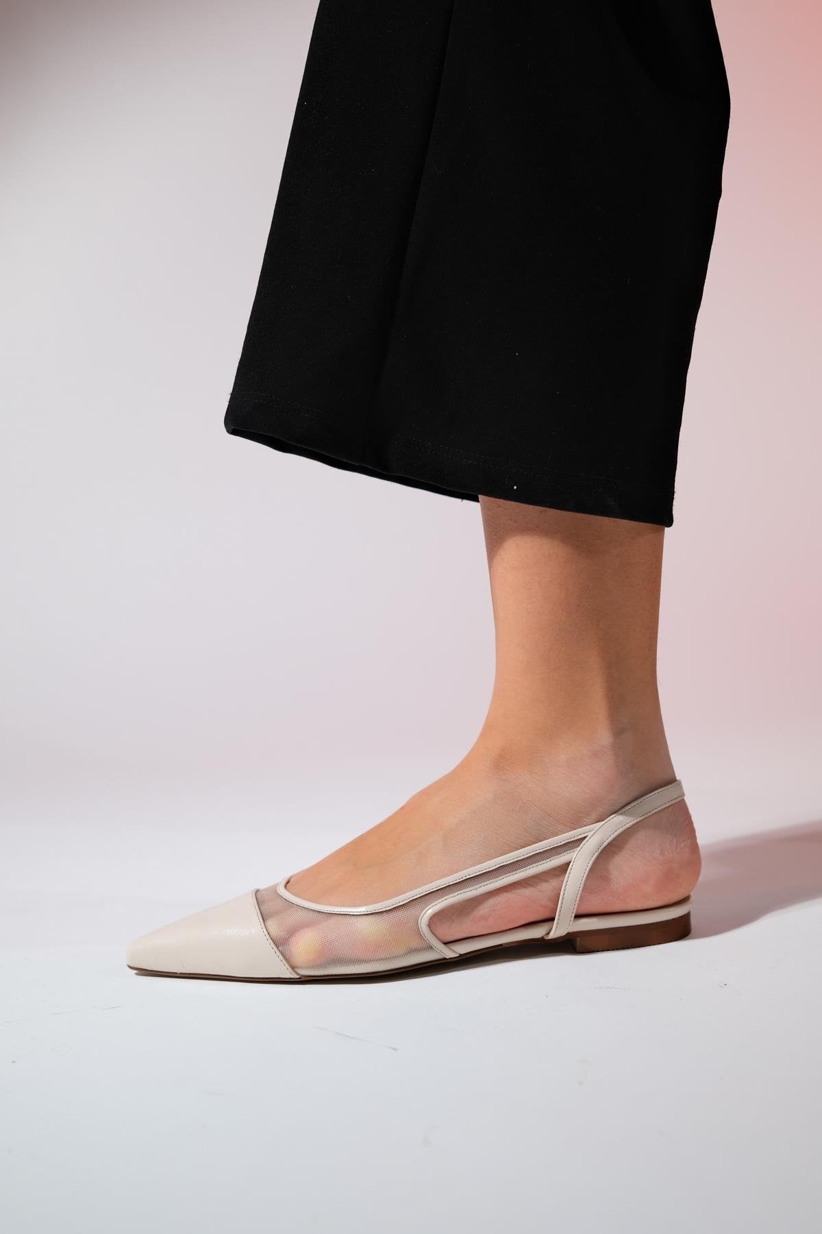 Stephen - Beige Pointed Toe Flat Sandal – back view showing leather, Vowalisse