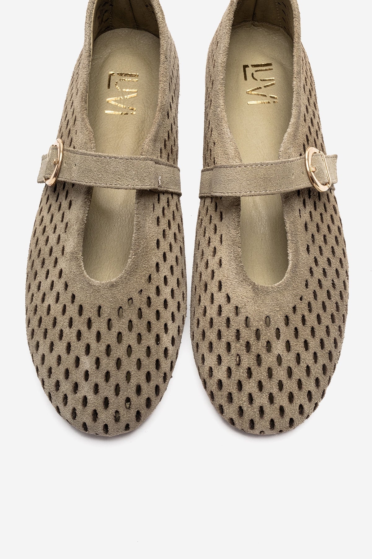 ARIAN - Green Suede Genuine Leather Ballet Flat – side view showing leather, suede, green, Vowalisse