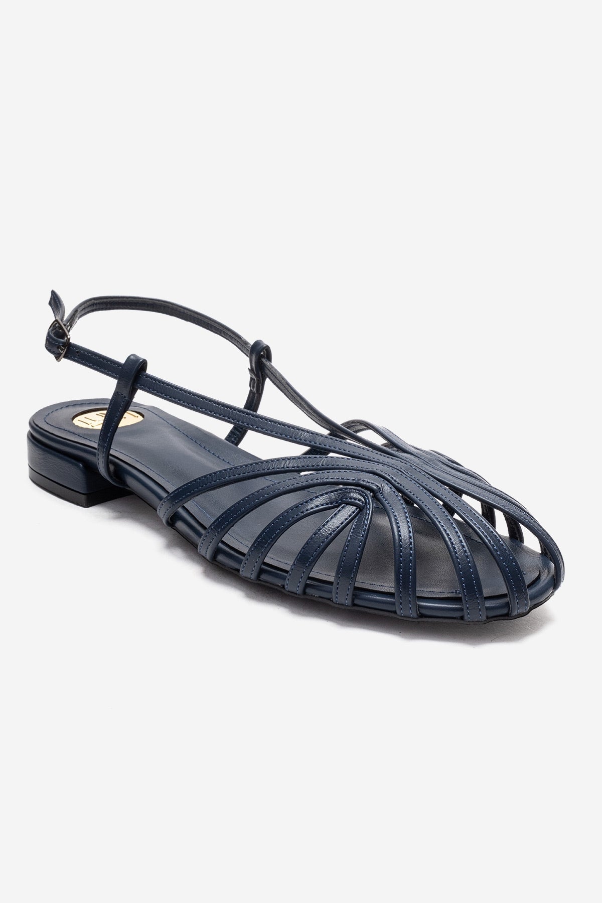 LISS - Navy Sandal – detail view showing leather, Vowalisse