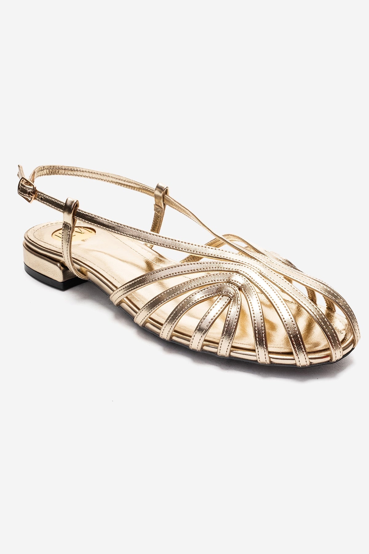 LISS - Gold Genuine Leather Sandal – detail view showing leather, metallic, gold, Vowalisse