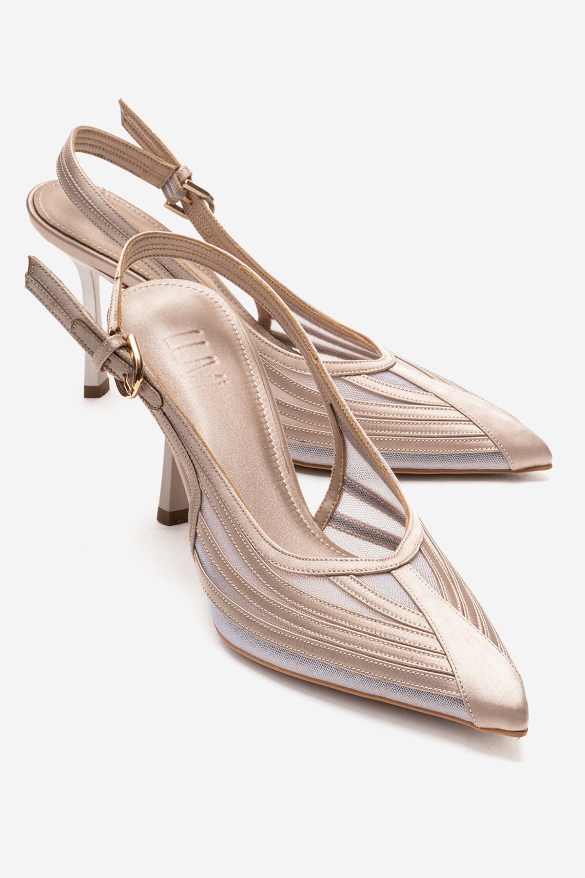 FAUNA - Beige Satin Stiletto Pump – front three-quarter view showing satin, red, Vowalisse