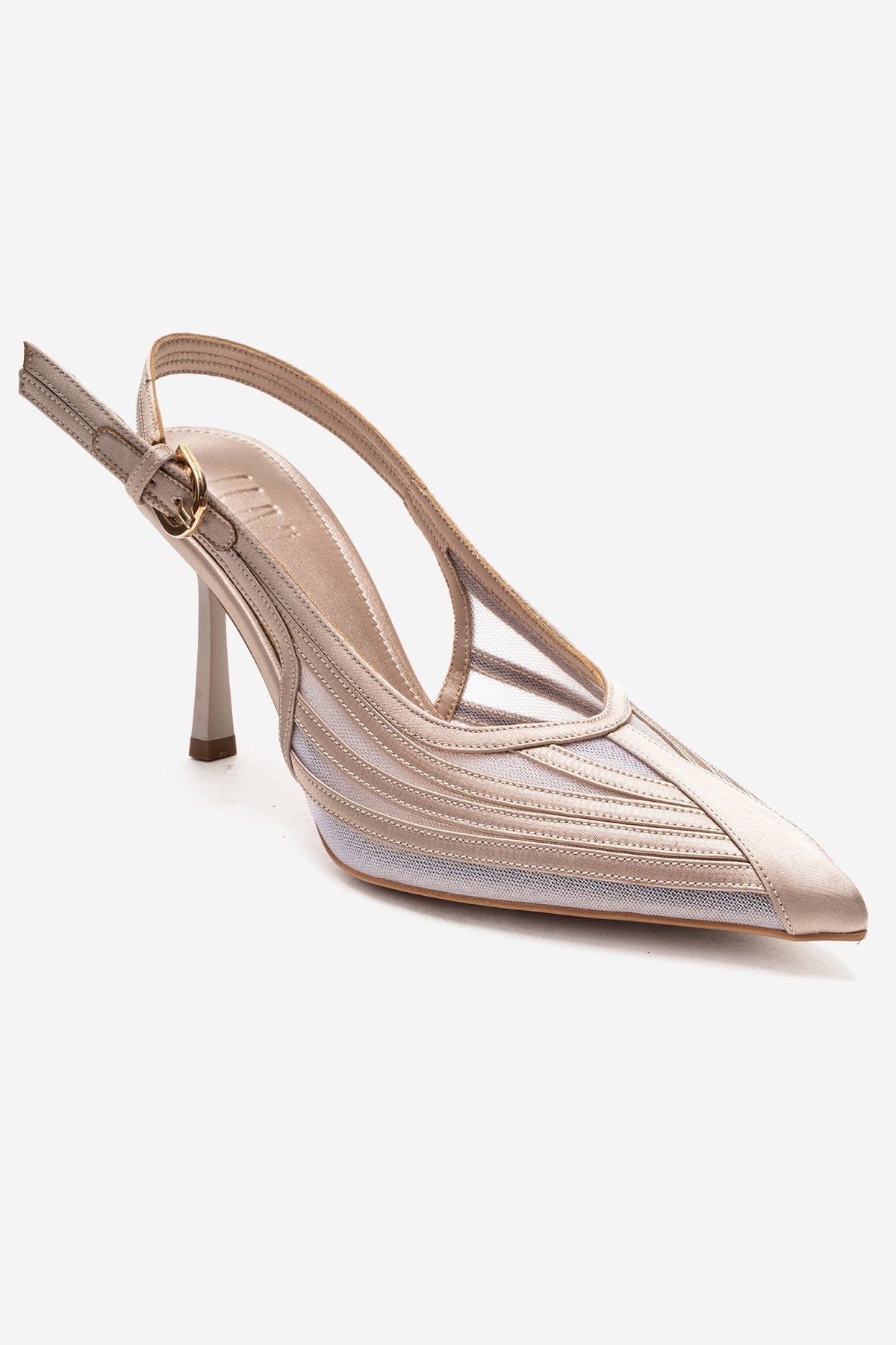FAUNA - Beige Satin Stiletto Pump – detail view showing satin, red, Vowalisse