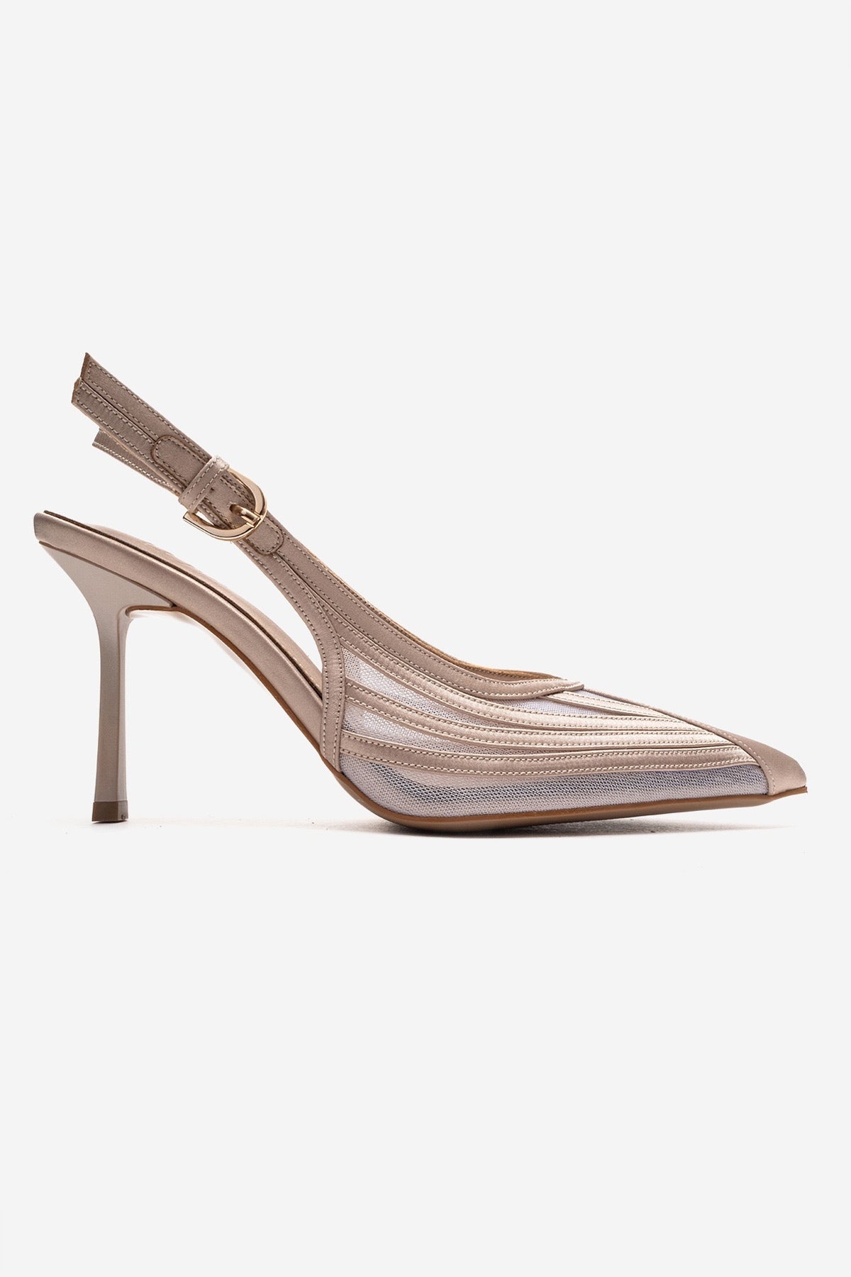FAUNA - Beige Satin Stiletto Pump – heel view showing satin, red, Vowalisse