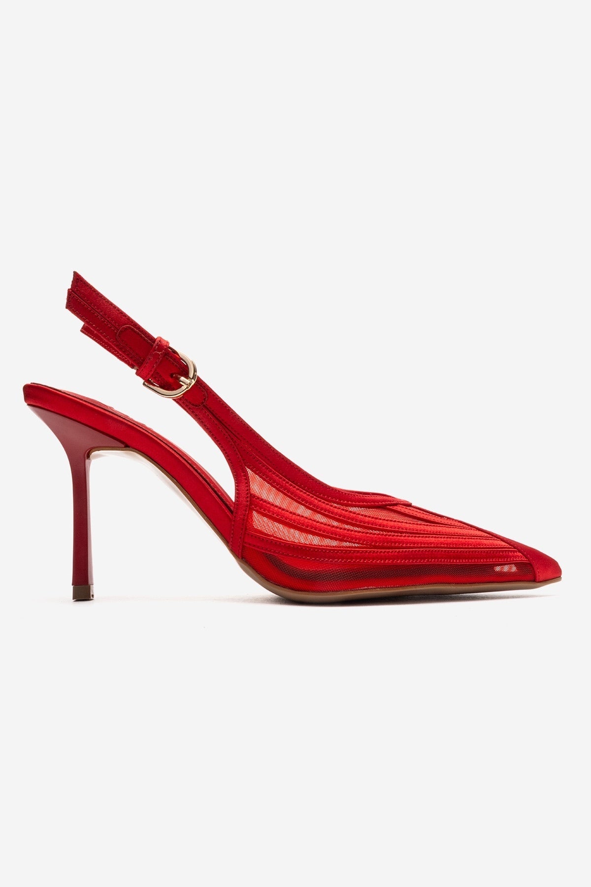 FAUNA - Red Satin Stiletto Pump – heel view showing satin, red, Vowalisse