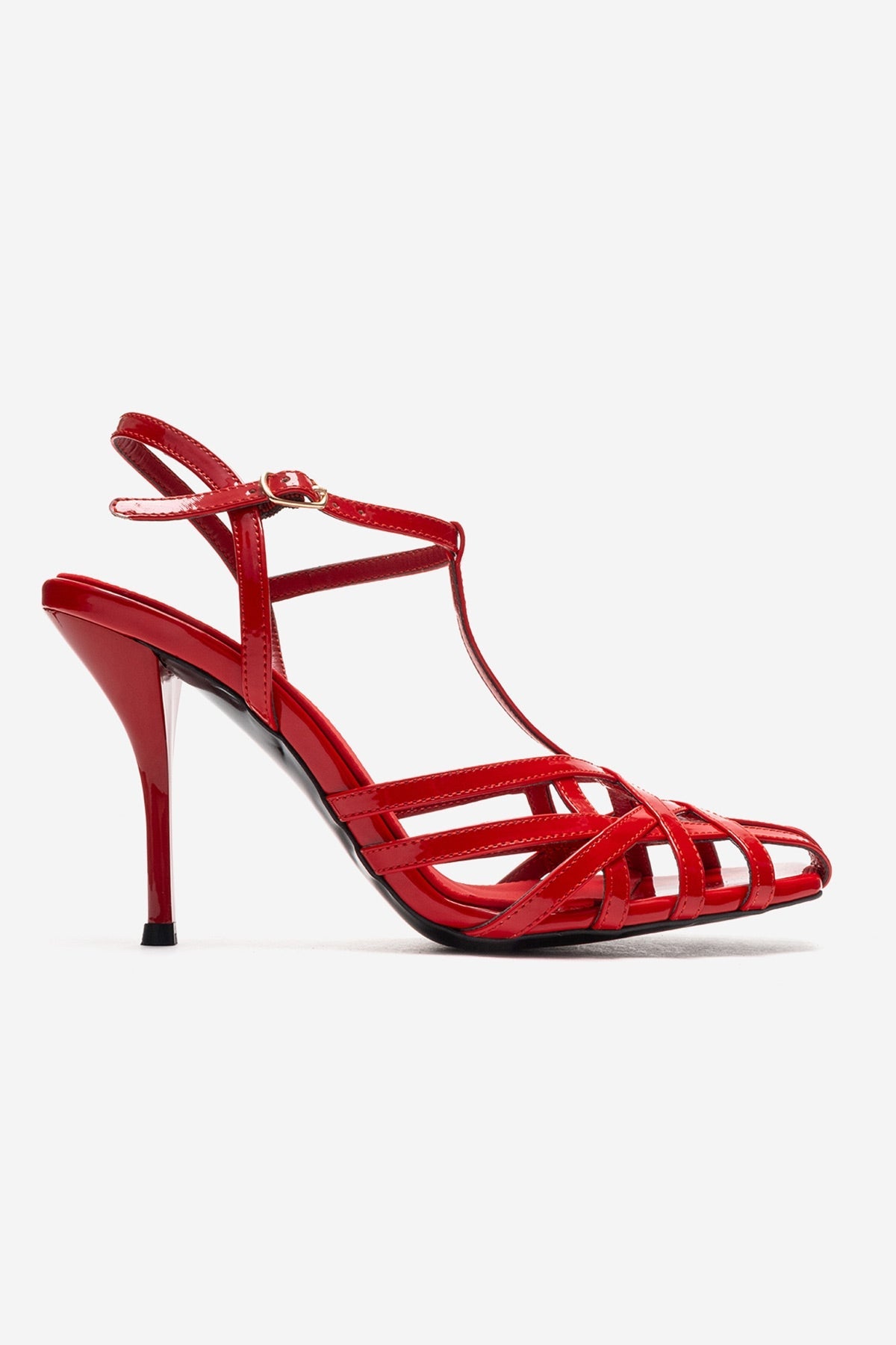 ALLOS - Red Stiletto Pump – heel view showing leather, red, Vowalisse