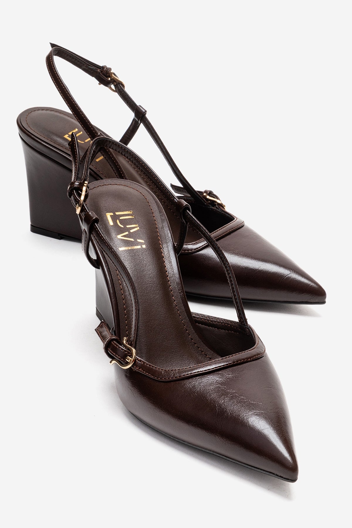 CELIA - Brown Block Heel Pointed Toe Shoe – front three-quarter view showing leather, Vowalisse